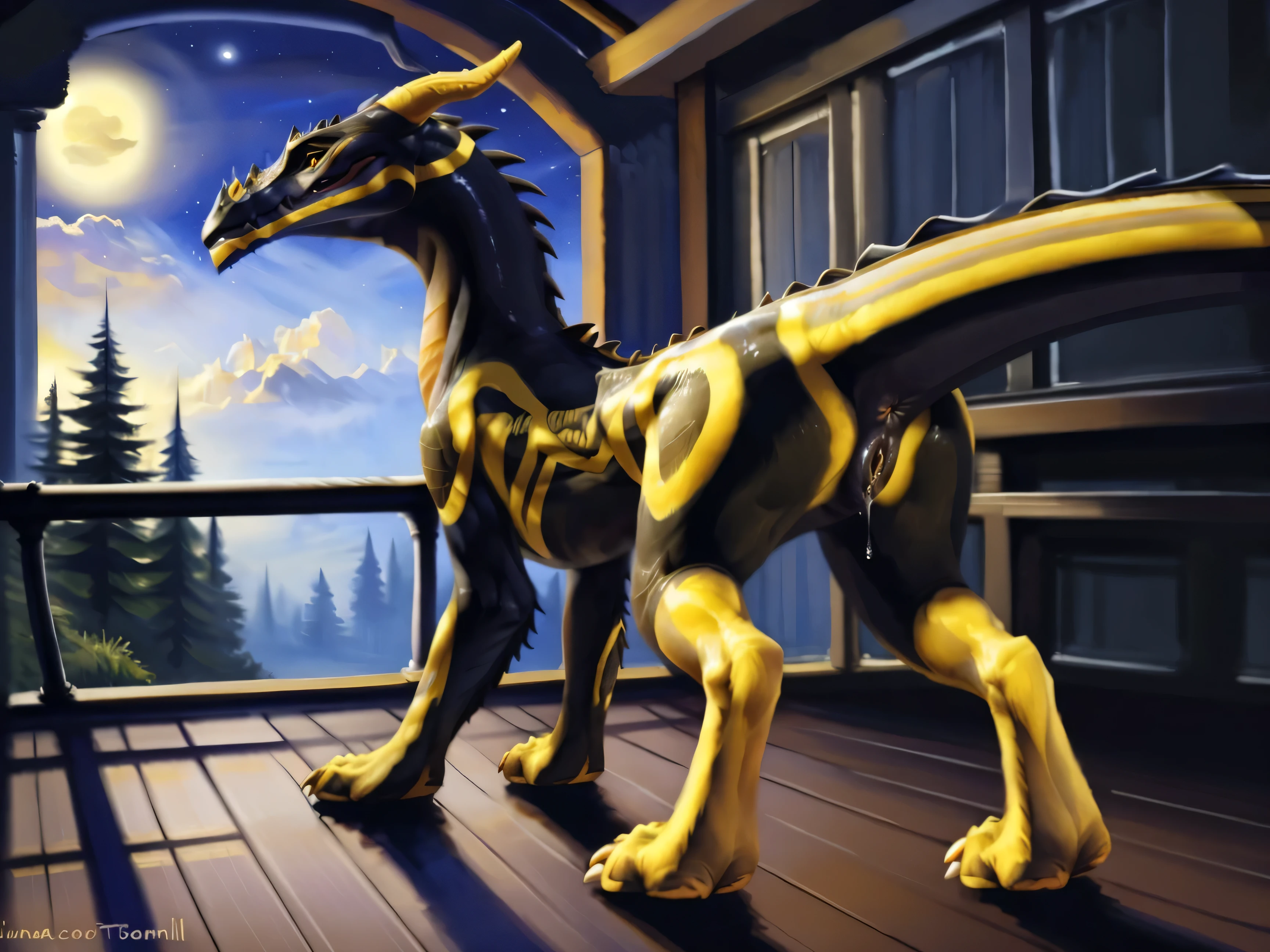 Dragon Booster Beau, a beautiful and detailed portrait of a big female feral, quadruped , dragon , Beau , solo , highest quality, extremely detailed, 4k, 8k, amazing quality, full body, masterpiece, detailed face, perfect face, perfect eyes perfect ass, perfect genitals, dynamic pose, Beau standing on 4 legs, butt facing to viewer, blushing, wet pussy, extreme detail, looking at viewer seductive, anus, raised tail, rear pointing at viewer, extreme detailed pussy, wet pussy, dripping wet pussy, seductive, feral, best quality, shaded, extreme detail, highly detailed, ultradetailed, intricate, realistic, detailed background, night, old stableroom wood floor, shaded, detailed, hi res, realistic, photography \(artwork\), Dragon booster beau, wide Body, black and gold Dragon,standing on 4 legs, butt pointing at Viewer, pussy and Anus, detailed Vagina, (by kenket), by ross tran, by michael & inessa garmash, by pino daeni, by isvoc, by kiguri, by alena aenami, by ruan jia, (by zenthetiger, by wolfy-nail), by Enki Bilal, by drmax, photorealism,