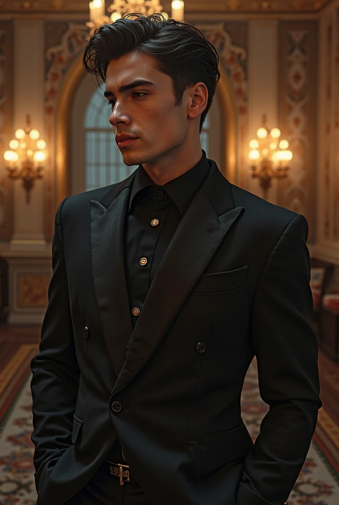 um vampiro muito bonito, magro, corpo masculino, rosto detalhado, Corpo detalhado, wearing a black suite, respingos de sangue, cabelo preto, brincos, o fundo velho castelo fantasia, sangue flutuando.
