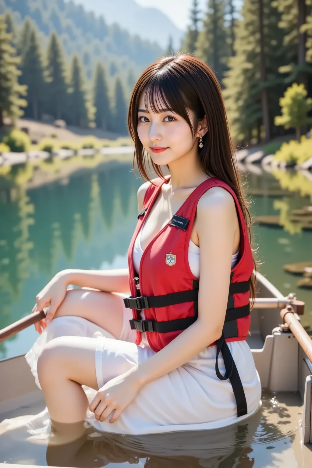 Japanese female, (underweight), (flat chest best quality:1.5), (cheerful grin:1.5),
lake,(((Drifting in a canoe:1.2)))
