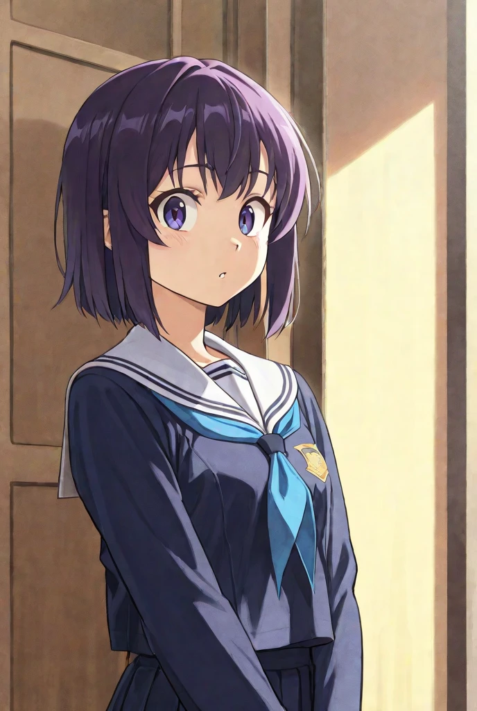 masterpiece, Best quality, a high resolution,
cowboy shot, anime coloring pages, 
 ,night, sidewalk, snowing, snow,pillar,  (Sidewalk and snowy landscape:1.2)
style of Kyoani Haruhi, cinematic,
,style of Kyoani Haruhi, 1 girl, One, Yuki Nagato, high income , short hair, , blue sailor collar, sailor collar, Seraphuku, cardigan, purple hair, bang, Brown eyes, anime coloring pages, , ((masterpiece)), I look at the viewer,