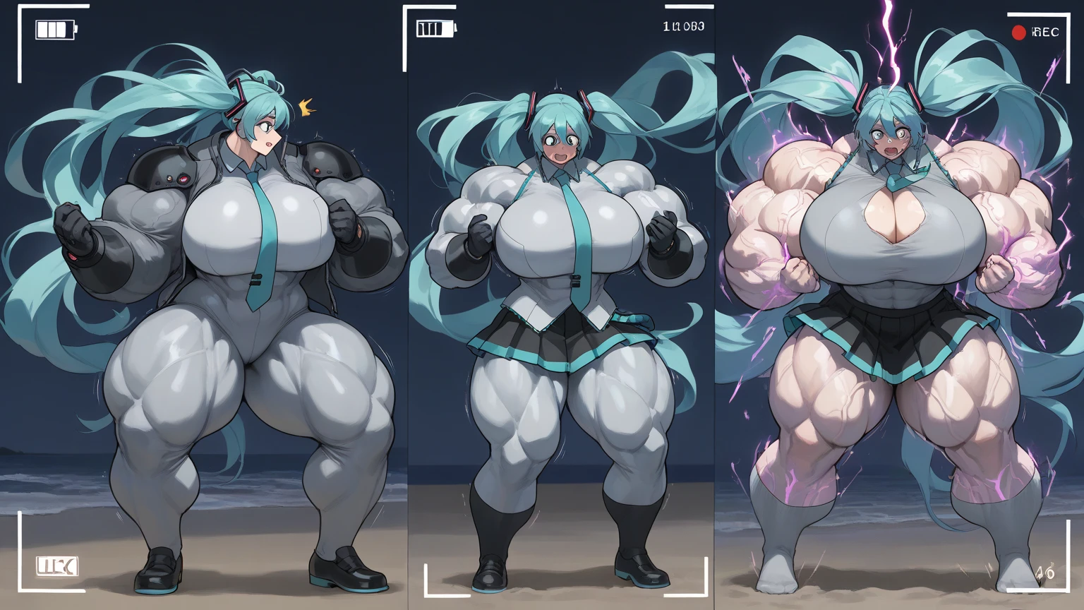 (Same character, front, side, back), (full body), generative front view, generative side view, generative back view, 3 view, female, extremely detailed, character reference sheet, black background, Extremely huge breasts, wide hips, huge ass, large thigh gap, Maternal, porcelain skin, sparkly skin, NSFW, thick thighs, curvy body, Massive Breasts, thin, muscular, thin waist, abs, Bare feet