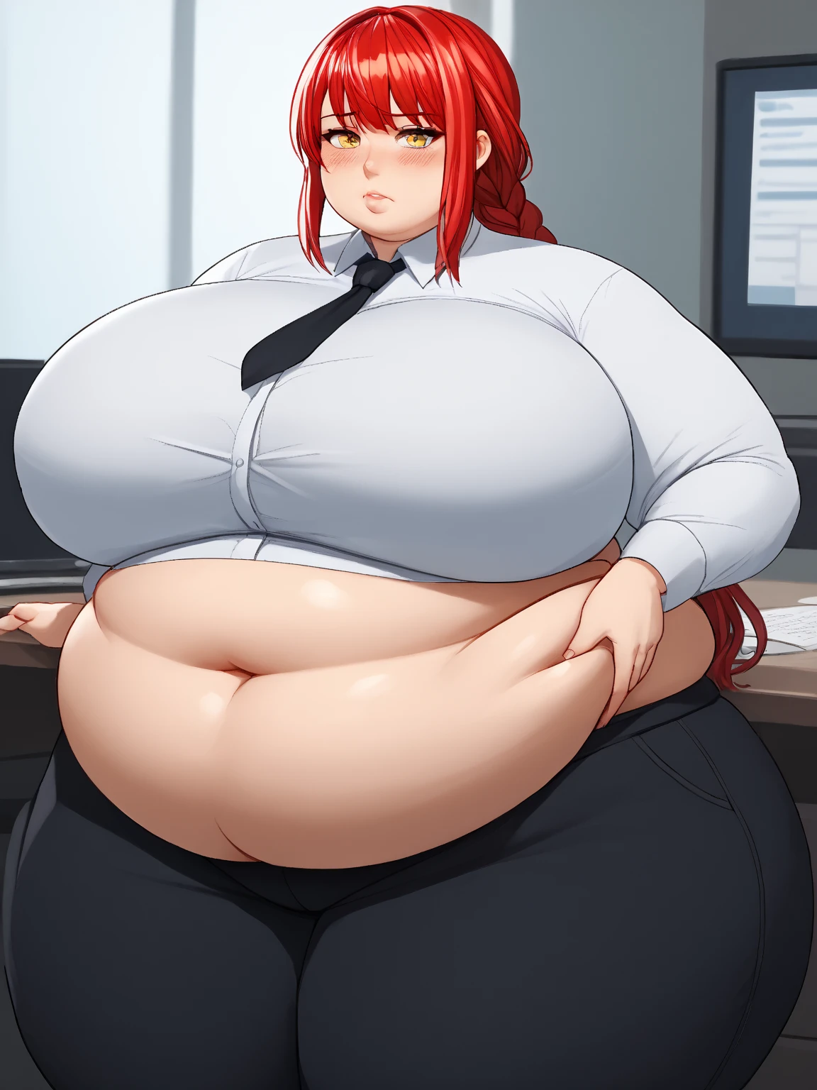 Christina Hendricks, (masterpiece quality, (masterpiece quality:1.3), realistic, (realistic:1.3), 1girl, (1girl:1.9), solo, (solo:1.9), in an office, paperwork in background, typewriter in background, short hair, red hair, (red hair:1.5), wearing a business suit, naked breasts, (naked breasts:1.9), naked body, (naked body:1.9), wearing choker collar, wearing cow bell, gigantic breasts, (gigantic breasts:1.9), vore belly:1.5) obese belly, (obese belly:1.5), ssbbw, blushing, (blushing:1.2),