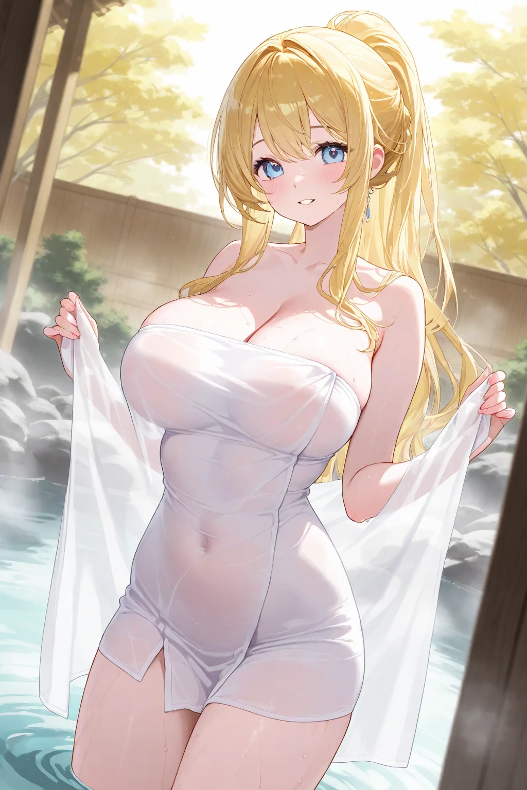 ,,hornet II, hornet(azurlane), one woman, beauty, big breasts, large ass, green eyes, makeup, long hair, hair longer than body, fluffy hair, long twin tails, hair longer than body, extremely long hair, blonde hair, busty, adult woman, naked towel, looking at viewer, evil grin, bathroom background, malicious face, malicious smile, soft light, without pants, only towel, blush, hands on own hips,