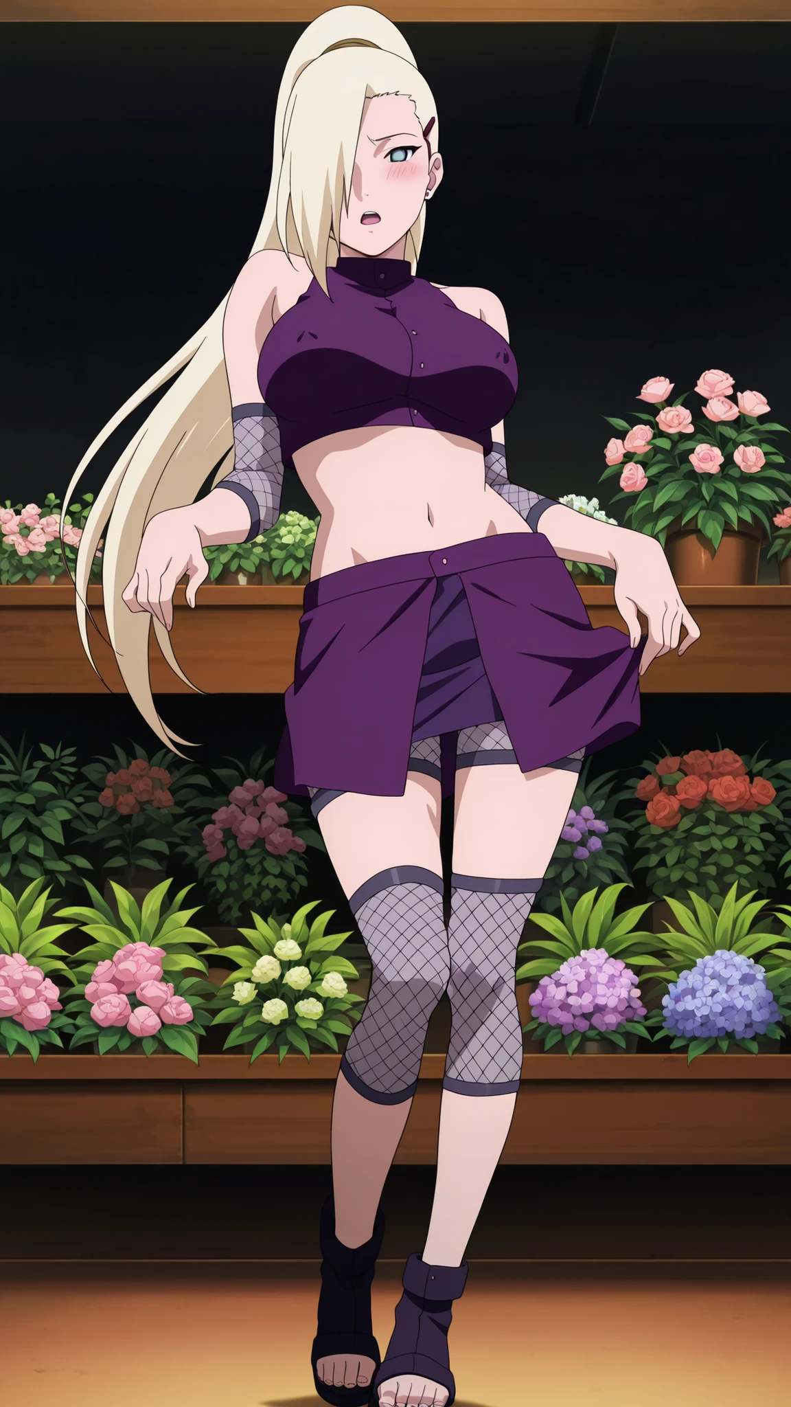 yamanaka ino Seductive pose,sexy pose,masterpiece, best quality, amazing quality, front light, anime screencap, 1girl, solo, InoShipuuden, blonde hair, high ponytail, hair over one eye, midriff, fishnets, crop top, big breasts, blue eyes, At the flower shop, purple skirt,cover nipple, open mouth,short pants mesh, standing, masterpiece,best quality,amazing quality,professional quality ,very aesthetic ,newest,scenery, ultra detailed ,highly detailed ,intricate , absurdres , high resolution , 4K , 8K , unity 8k wallpaper , crisp quality , sharp focus , rich contrast , rating_explicit , official art, official style,source_anime,anime screencap,anime coloring,megami magazine,anime,animated ,1girl,yamanaka ino,shy,blushing, full body