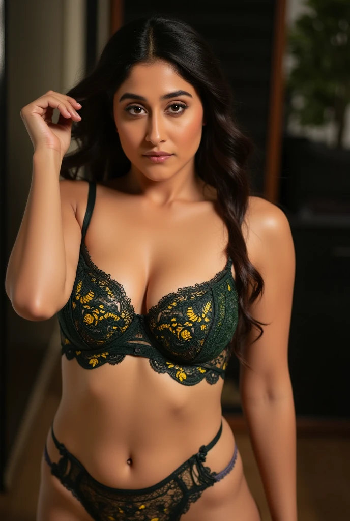 Rkps woman,rakul preeth singh, ((free uncombed hair)), ((tall body)),(( looking at viewer)),((big cheeks)),30 year old woman,1woman,solo,medium breasts,(fleshy face),long hair,cleavage,navel,midriff,(((bedroom))) ,(((black lace lingerie))),
best quality,an extremely delicate and beautiful,CG,unity,8k wallpaper,Amazing,finely detail,extremely detailed CG unity 8k wallpaper,incredibly absurdres,huge filesize,ultra-detailed,highres,extremely detailed,beautiful detailed girl,realistic,broad fleshy body, ((perfect eyes nd eyebrow)), outie navel