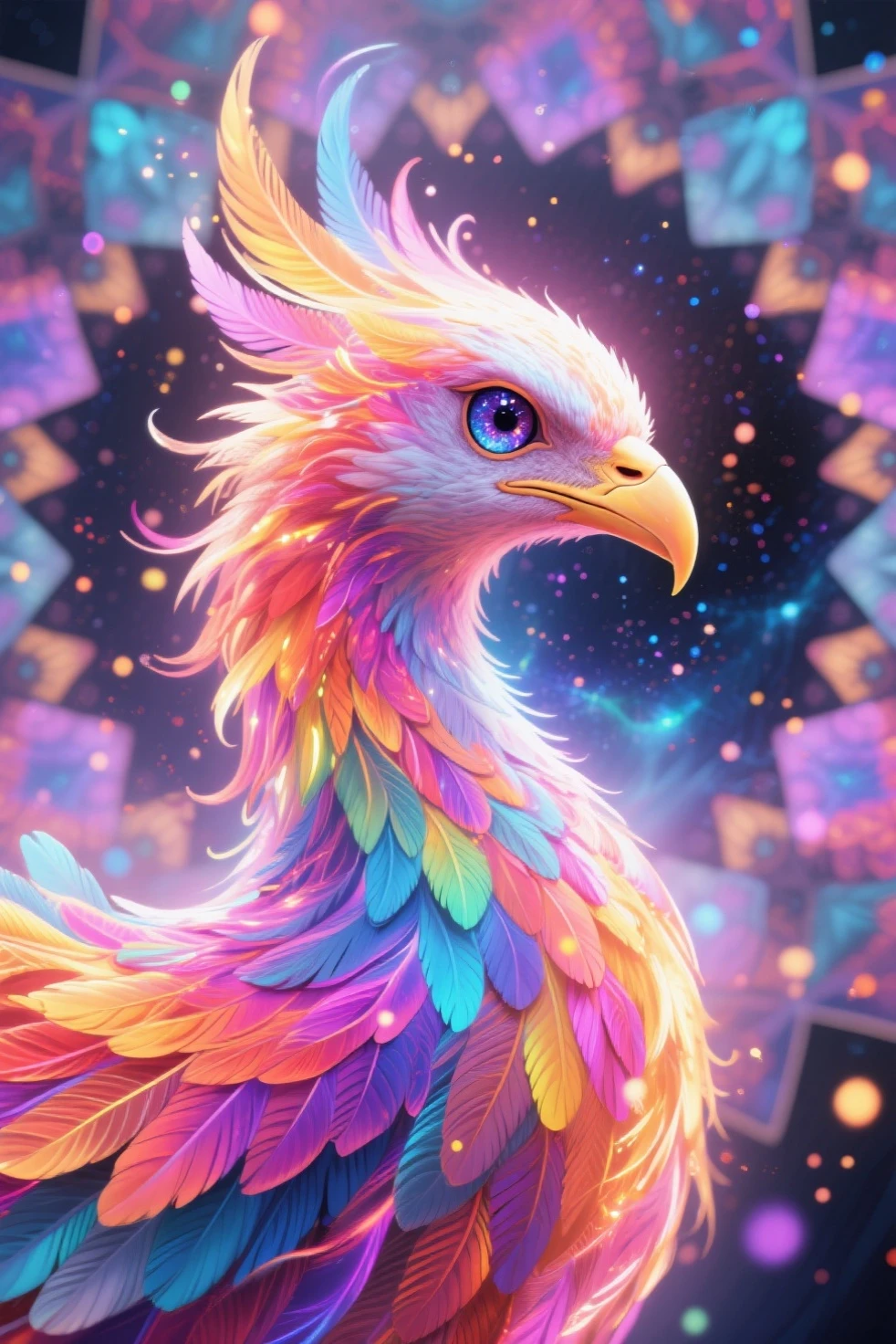 brightly colored bird with a star in the background, artwork of a phoenix, colorful plumage, glowing feathers, full of colors and rich detail, mythical creature, fiery bird, highly intricate and colorful, ''wallpaper of a phoenix, colorfull digital fantasy art, extremely colorful, vibrant high contrast coloring, strong and vibrant colors, shining rainbow feathers, high detailed colors --auto --s2