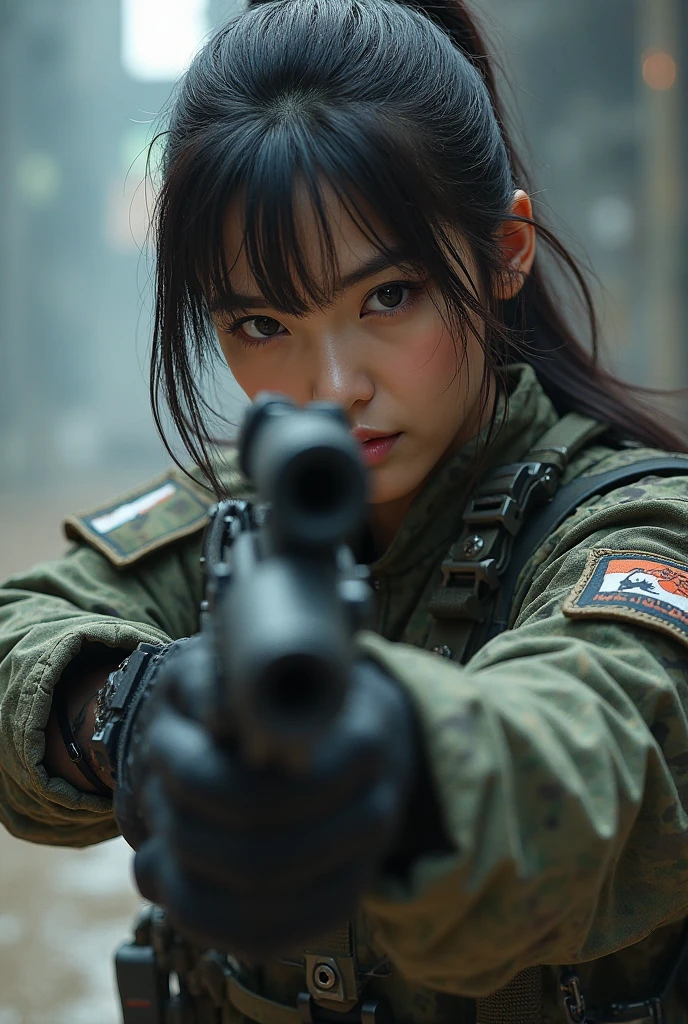 Korean woman in military gear, rifle in hand, shirt partly unbuttoned. showing 
