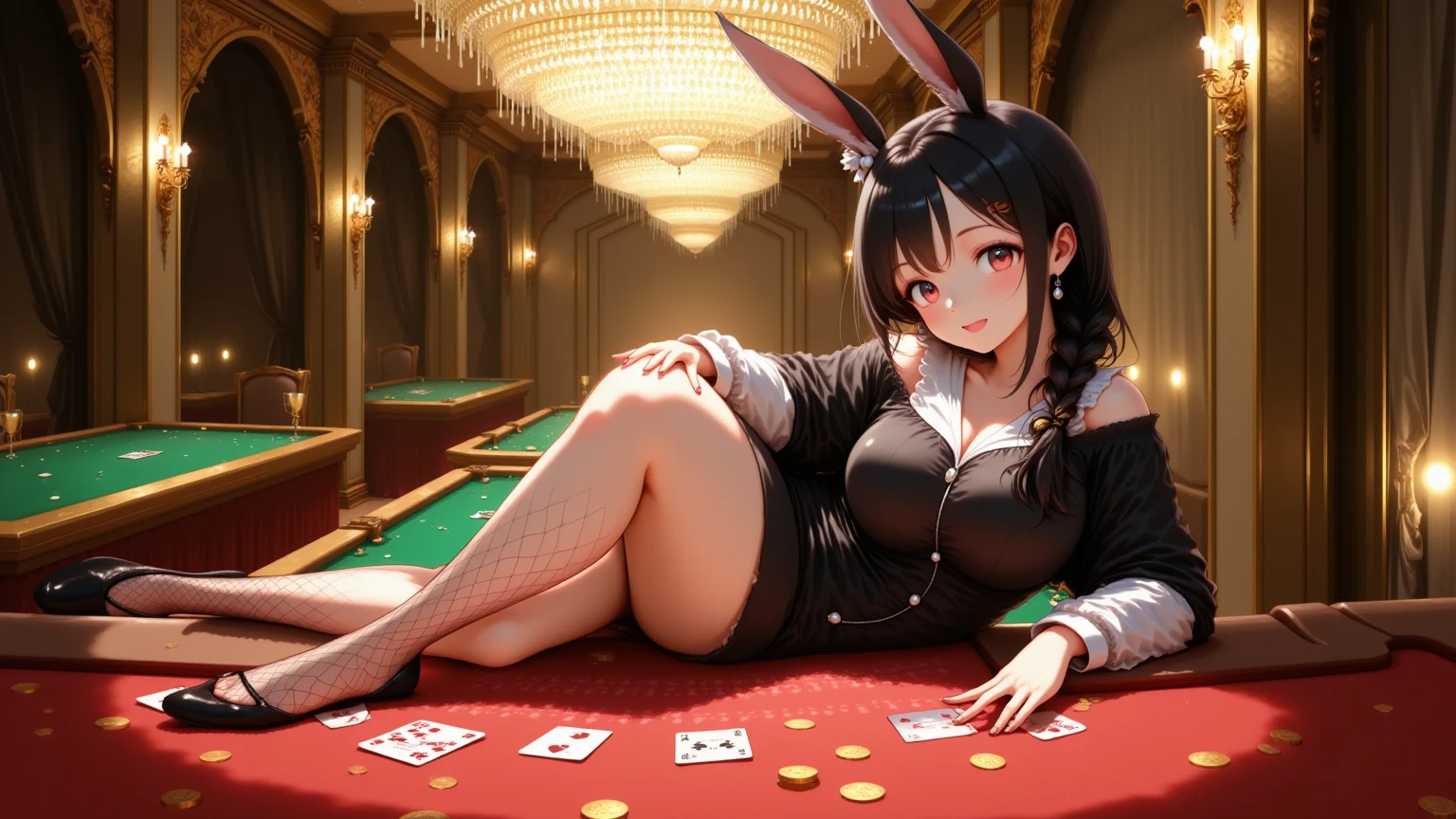 (Highest quality, 8k, masterpiece:1.3,beautiful girl), (masterpiece:1.3, Highest quality, Ultra-high resolution, Very detailed),Beautiful body, Beautiful breasts, Beautiful thighs, Beautiful feet, Beautiful fingers, Glowing Skin,(((Long Hair,Black Hair,Beautiful Hair))),(Perfect Anatomy, Anatomically correct, Very detailed肌), Cute and symmetrical face, Perfect Face, Perfect Eyes, ((Perfect Fingers, Five Fingers)), (((whole body,Draw the whole thing)))((Two Arms))((Woman 1,)),casino,In the crowd,Bunny girl,mini skirt,Sleeveless,Lying at the roulette table,(((Seduce a man,Captivating look))),Lift your legs,Spread your legs wide