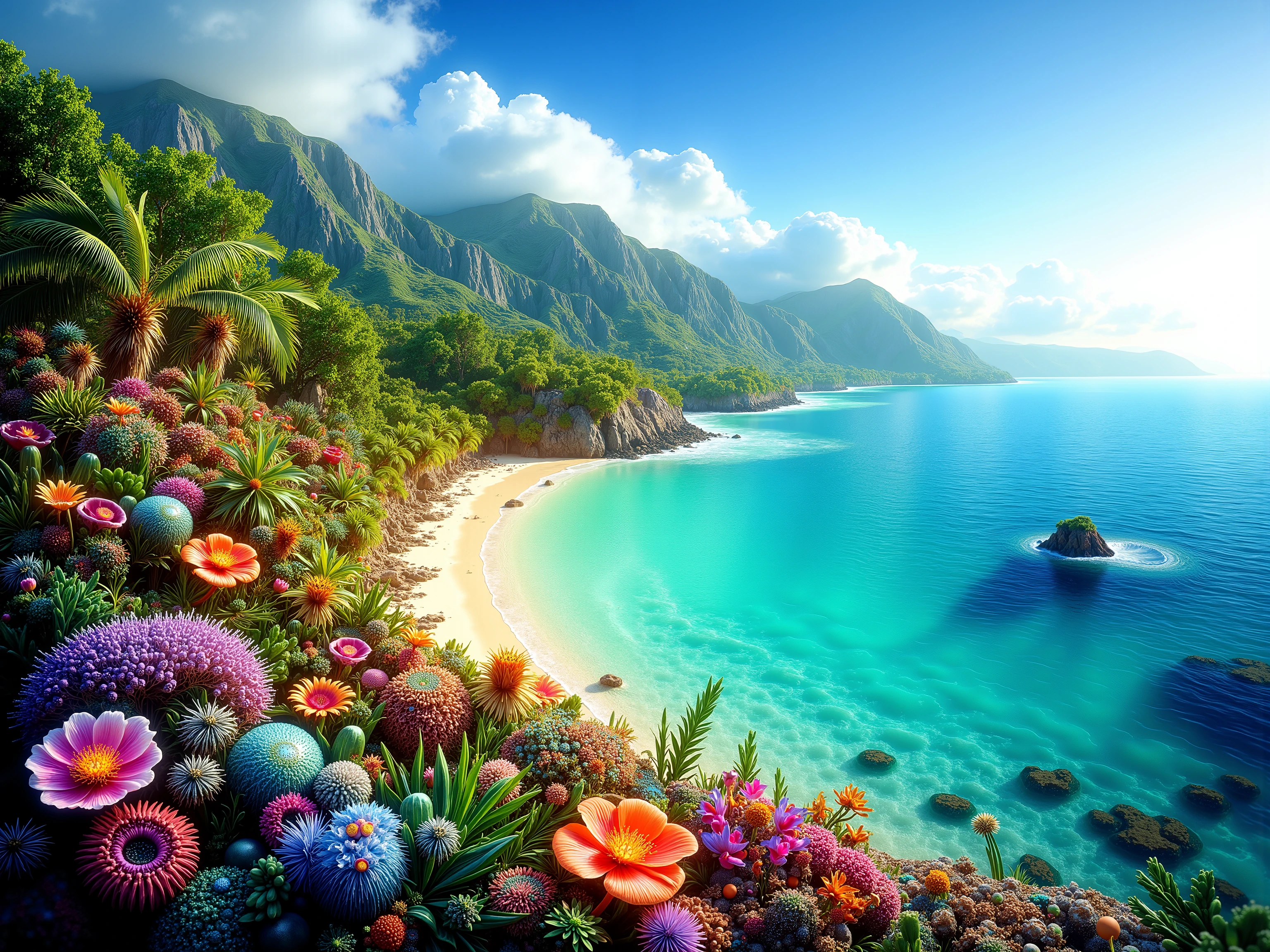 A vibrant forest ecosystem stretches from a mountain ridge in the background to a coral reef in the foreground, with a diverse array of flora and fauna throughout, including tall trees, lush green vegetation, and exotic flowers on the ridge, giving way to a rocky shoreline, turquoise ocean waters, and a colorful reef teeming with marine life, under a bright sunny sky with a few puffy white clouds, capturing the interconnectedness of the ecosystem from the summit to the sea, with a wide-angle view and a sense of depth, inviting the viewer to explore the intricate relationships between the terrestrial and marine environments.