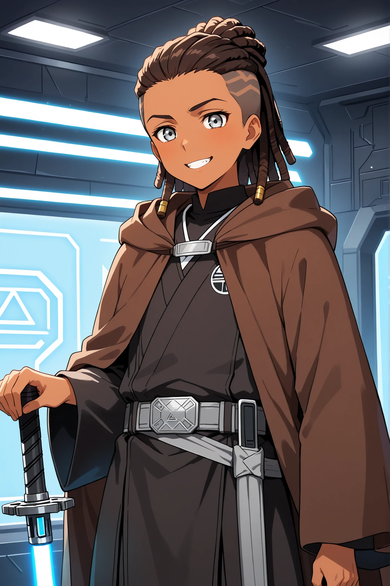 undercut,masterpiece, high quality, ultra-detailed, (1boy), dark skin color, (black Jedi robes), Jedi attire, handsome guy, inspired by starwars, Jedi knight attire, jedi robes, grey belt, Brown Jedi cloak, silver eyes, (Pale Silver eye color), (Dark brown hair color), lightsaber hilt on belt, (dark tan skin color), (Dreadlocks hairstyle), (Confident wide happy toothy Grin facial expression)(happiest smile), smile that lights up the room