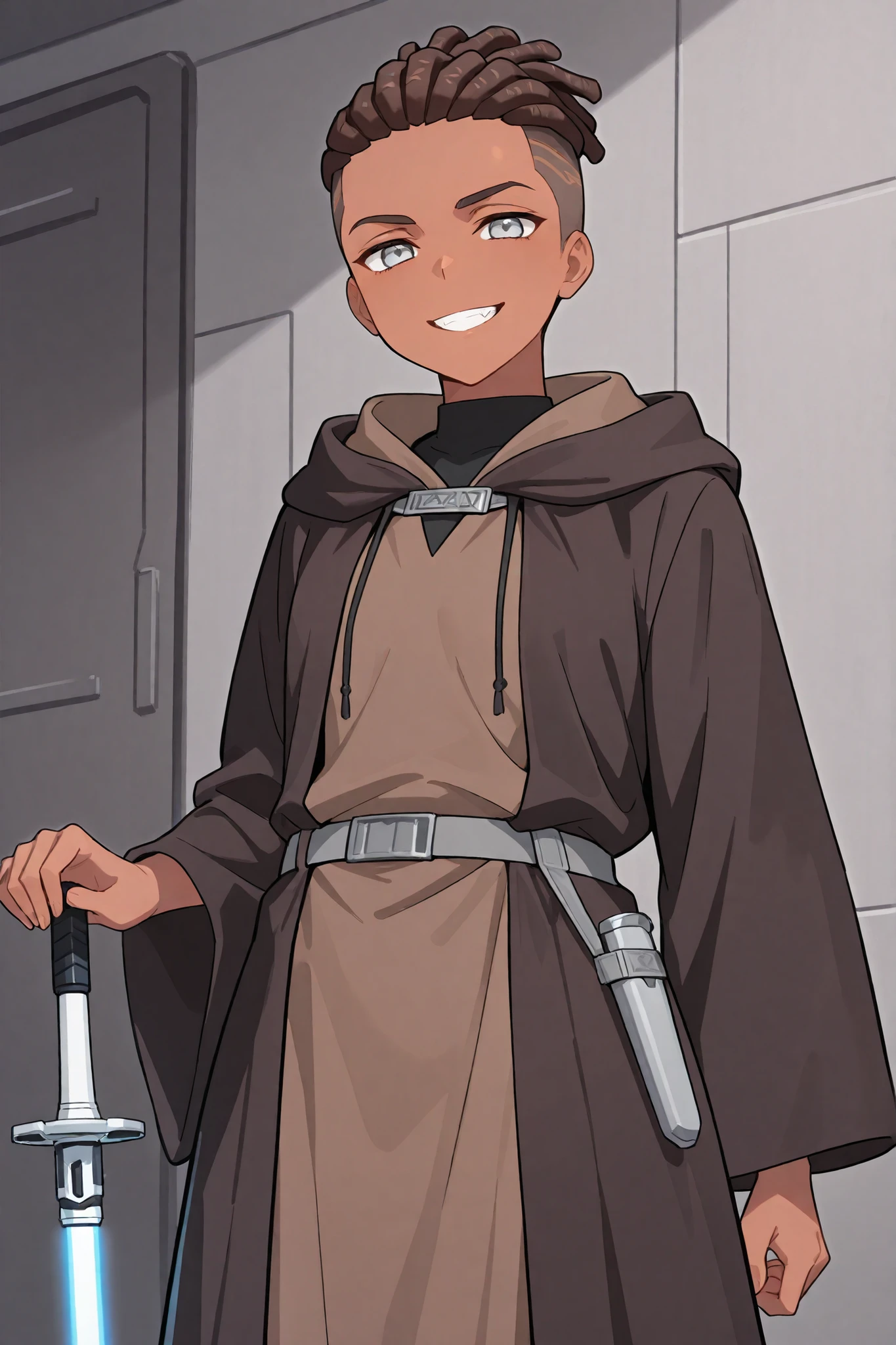 undercut,masterpiece, high quality, ultra-detailed, (1boy), dark skin color, (black Jedi robes), Jedi attire, handsome guy, inspired by starwars, Jedi knight attire, jedi robes, grey belt, Brown Jedi cloak, silver eyes, (Pale Silver eye color), (Dark brown hair color), lightsaber hilt on belt, (dark tan skin color), (Dreadlocks hairstyle), (Confident wide happy toothy Grin facial expression)(happiest smile), smile that lights up the room