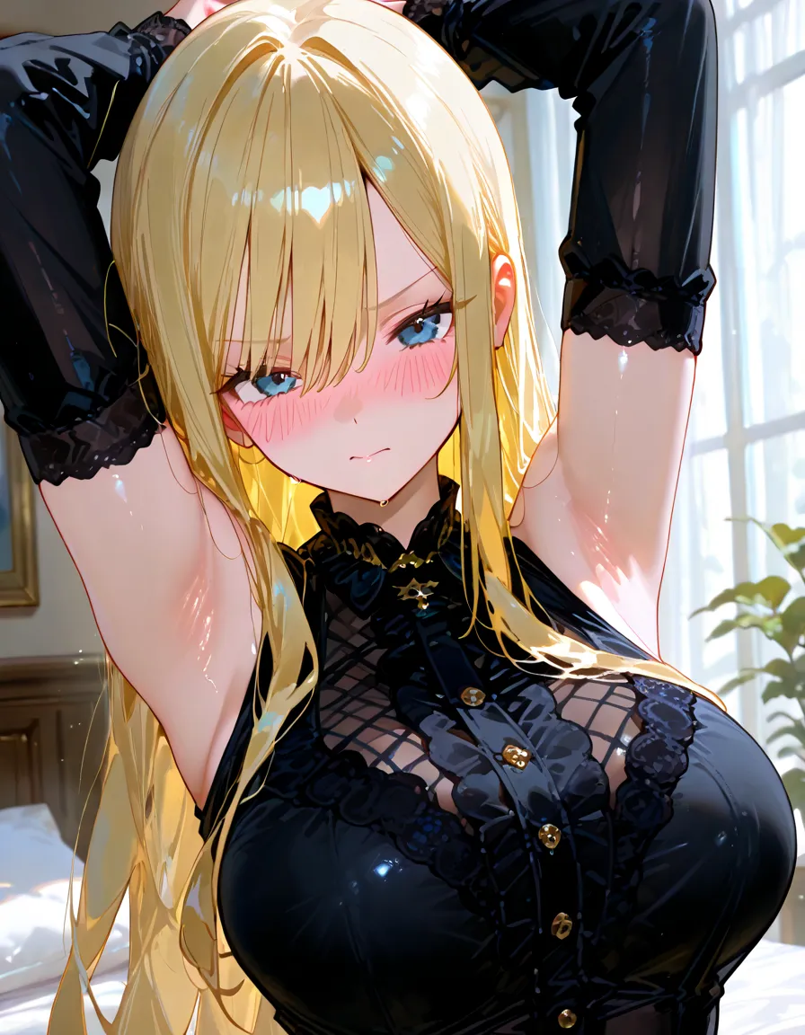 1 girl,Depp's Sense,confused,catch light,Super beautiful illustration,(blonde,long hairstyles:1.6),eye shadow,(Red clothes,Gothic Lolita),Upper body,;d,beautiful and delicate flowing hair,delicate and detailed blue eyes,emphasized chest,big breasts
