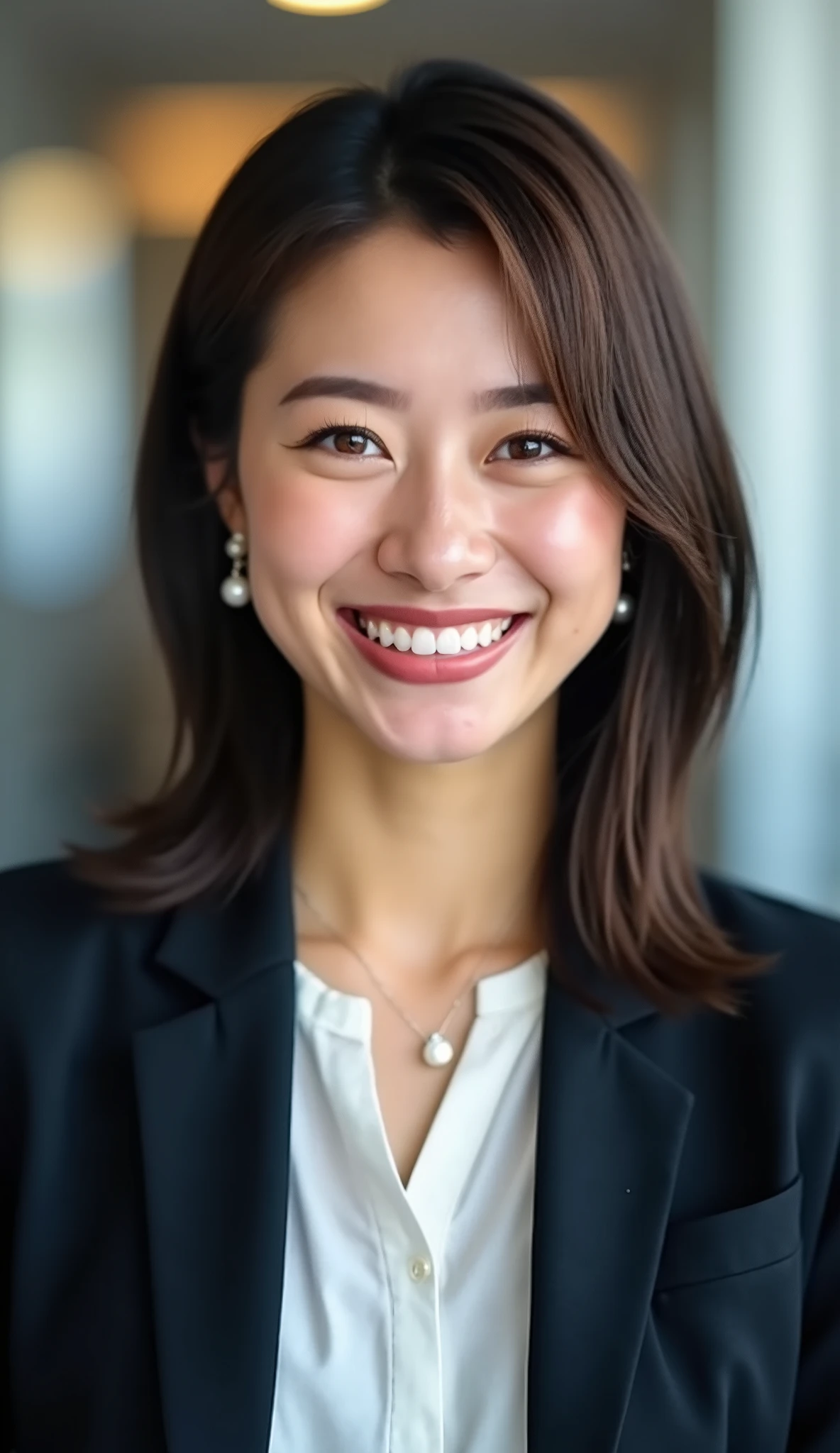Neat Young Woman、and look at the camera、office lady suit、jacket、shirt、ネックレス、、ear piercing、、smile showing teeth、顔のクローズアップ、背景はオフィス
