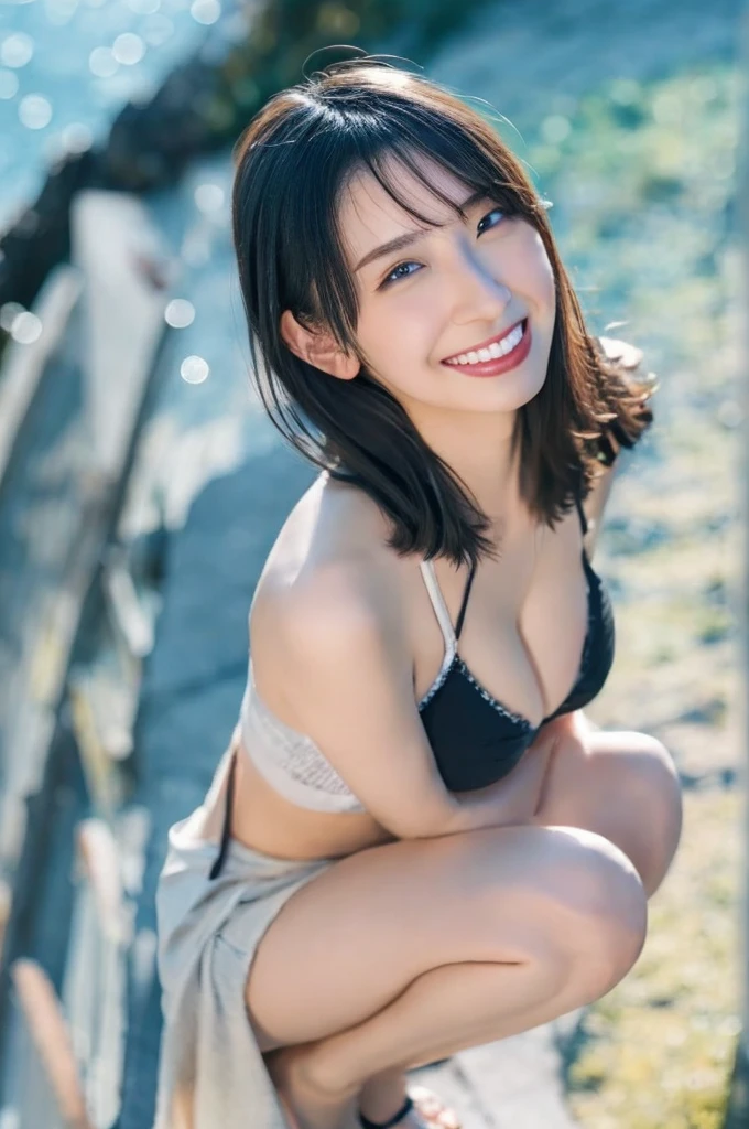 Street portrait photography。NSFW:1.5,((highest quality、8K resolution、master masterpiece、portrait:1.3)), Photoreal, 35mm film, 1 Japanese female, Upper body,on the street during the day, wrinkles around the eyes, plump body,blush、Seductive smile、naughty look、heavy breathing,((black lace bra_panties:1.3)) , (outdoor:city street), jumbled background,look at the audience,Tokyo cityscape background,smile