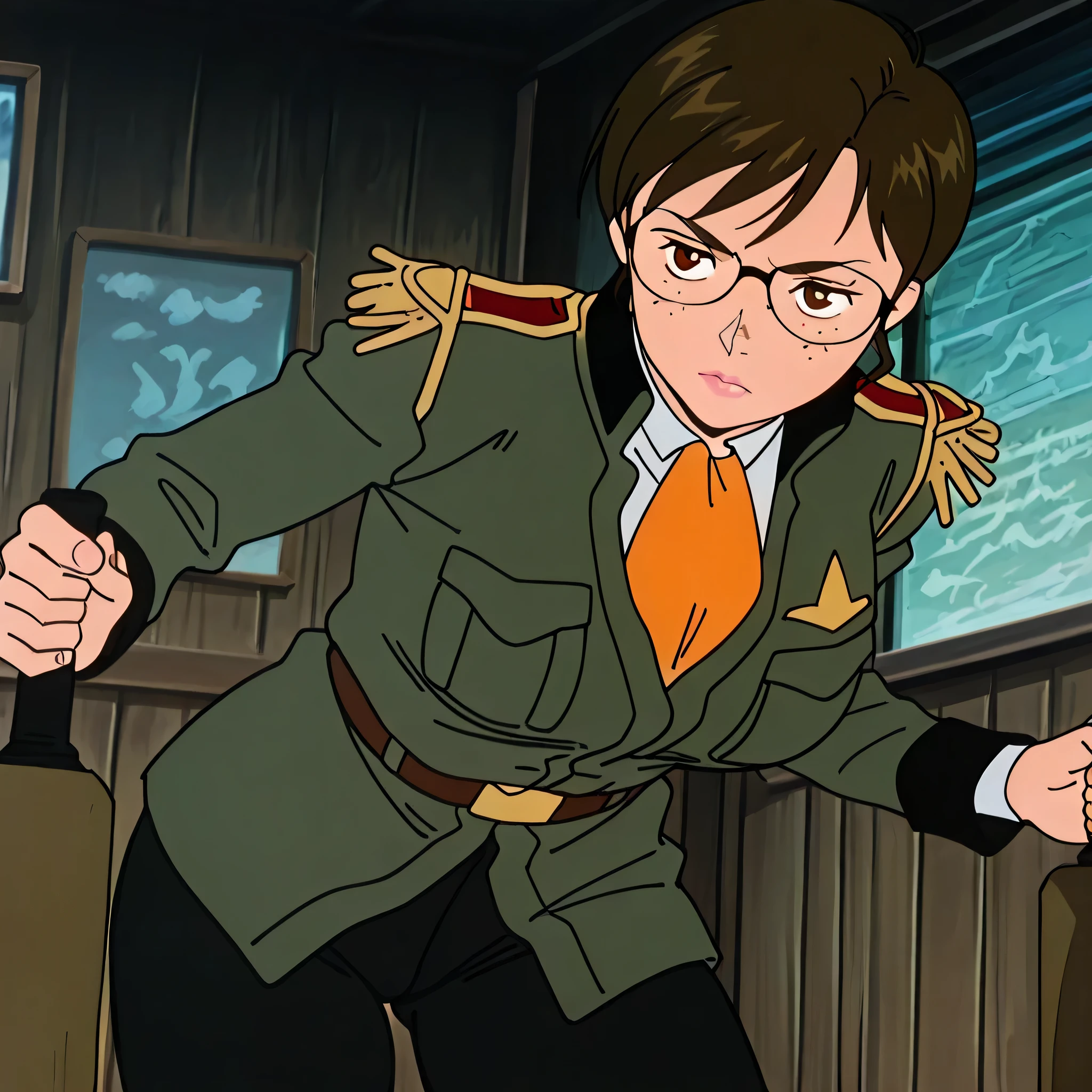 (((Masterpiece))), (((Best Quality))), ((Super Detail)), ultra-High resolution, score_9,score_8_up,score_7_up,score_6_up,score_5_up,score_4_up, BREAK, source_anime, anime screencap, uncensored, Masterpiece, (absurdres), (detailed background), (very aesthetic), detailed beautiful eyes, outstanding, countershading, detailed soft lighting, an exquisite animation illustration, curvy, highres, uniform, military uniform, green jacket, long sleeves, epaulettes, white shirt, orange ascot, belt, black pants, (((solo, 1girl))), hair ornament, seductive pose, submissive pose, anime style, anime coloring, animification, megami magazine, sexy pose, large breast, mature female, mizuhominegan, glasses, brown hair, brown eyes, short hair, freckles, lips, serious
