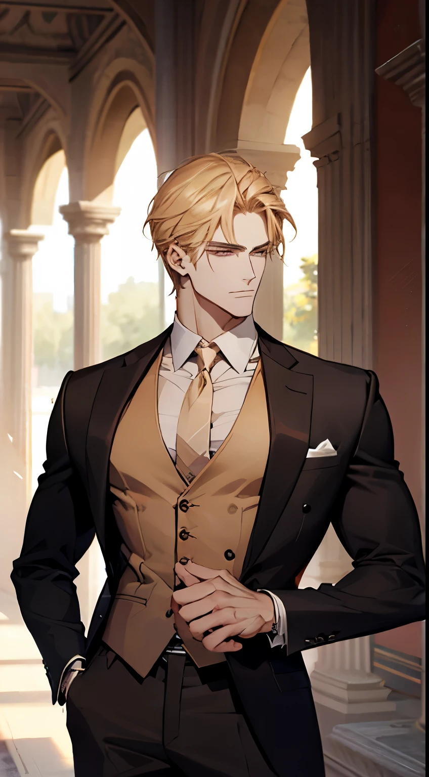 Age: 37
Nationality: Italian
Height: 198 cm
Gender: Male
Physical Appearance:
A tall, well-built man with defined muscles and tanned skin. His blonde hair is always neatly styled, his hazel eyes sharp and piercing. He has a strong jawline, thick brows, and a noticeable scar on his left cheekbone. His hands are large, his abs well-defined, and he is usually seen wearing neat, formal attire.