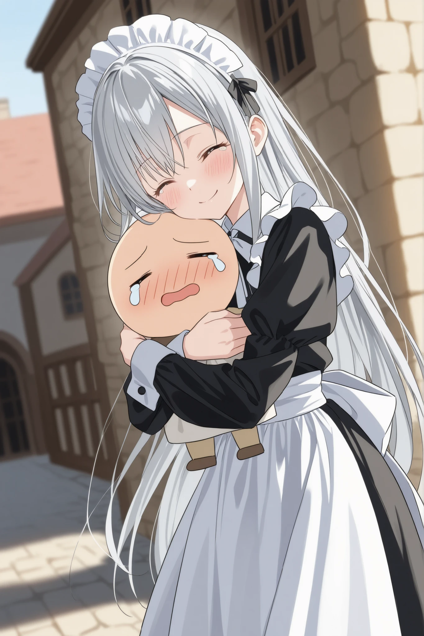 a high-quality digital drawing, clean and sharp details, anatomically correct, 1girl, (masterpiece), (8k quality), (top rated on pixiv), ((safe for work)), (depth of field), ((score_9)),
break,
((small round face)), ((fair skin)),
break,
((long flowing silver hair)), ((closed eyes)), smooth bangs,
break,
((elegant french maid uniform)), ((maid headwear)), ((slim build)),
break,
((from the side)), ((dutch angle)), ((1boy)), ((softly crying in boy's chest)), ((hugging boy)), ((beautiful smile)), ((blush)), ((morning)), ((medieval street))