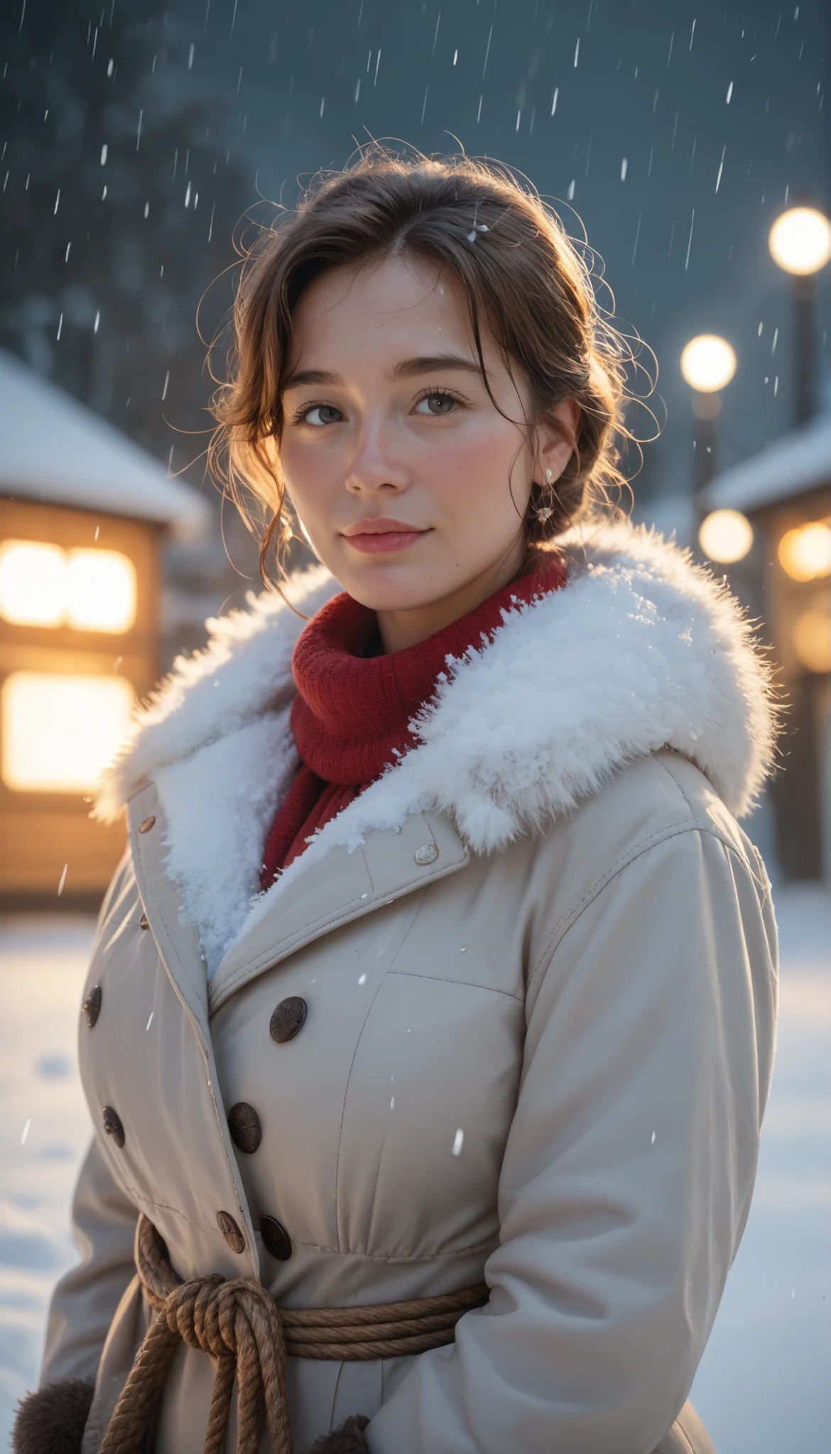 a woman wearing a hjiab and rope around hips in the snow, a portrait, by Antoni Brodowski, shutterstock, digital art, cute mature woman, in a storm, looking upwards, bokeh top cinematic lighting
