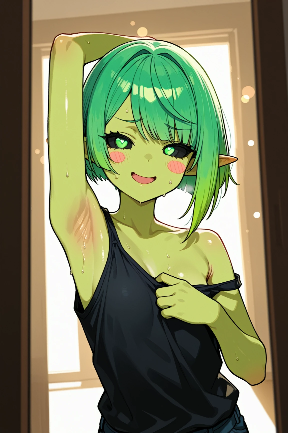 ((best quality)), ((masterpiece)), (detailed), 4k, green skin, pointy ears, goblin girl with multicolor hair, sexy, absurdres, soft skin, small breasts,