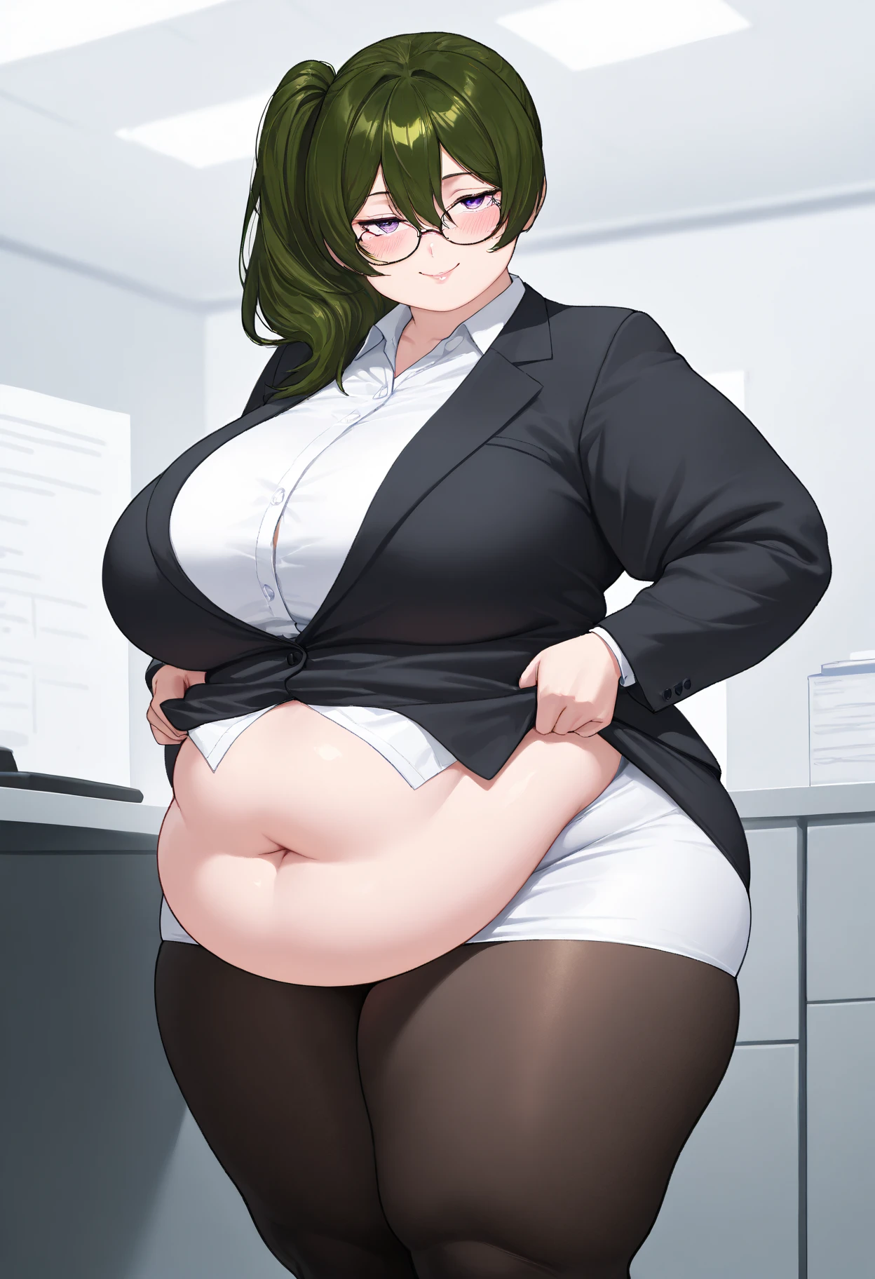 , ((highres)),Masterpiece, high quality, best quality, beautiful, perfect lighting, detailed face, ultra cute face, ((1girl)), ((solo), short brown hair, fluffy hair, embarrassed look, affectonate, ((blush)), looking at viewer, standing in office, (office), daytime, dress shirt, pencil skirt, (tight clothes), (chubby), chubby belly, (thigh highs), (wide hips), ((thick thighs)), medium breasts, cleavage, perky breasts, 24 year old female,