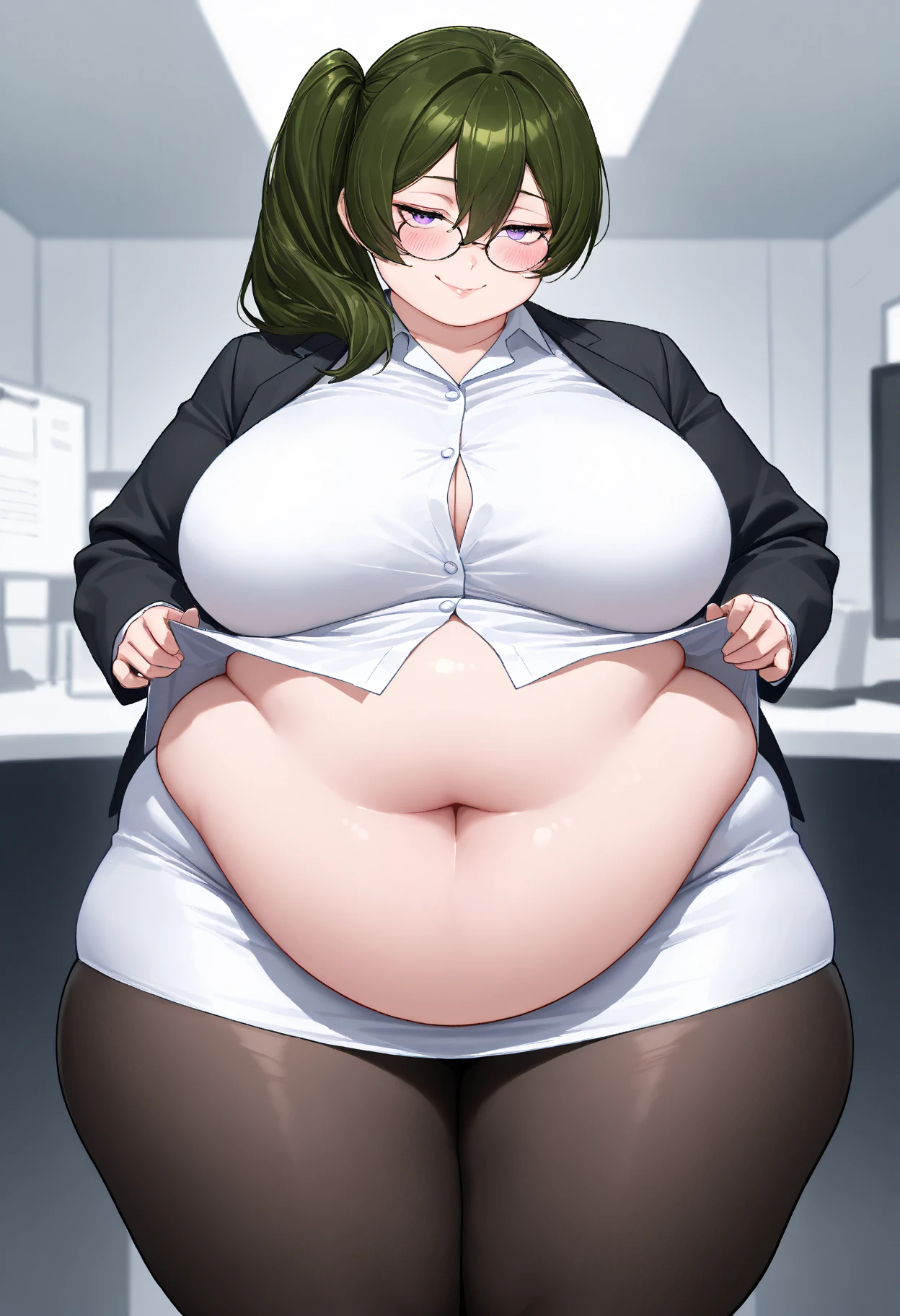 (high_aesthetic:1.2),
curvy, big belly, apple_shaped_body, office lady, collared shirt, pencil skirt, glasses,
averting eyes, (weight conscious),
1girl, solo, standing, (cowboy shot, upper body:1.2),
office, indoors