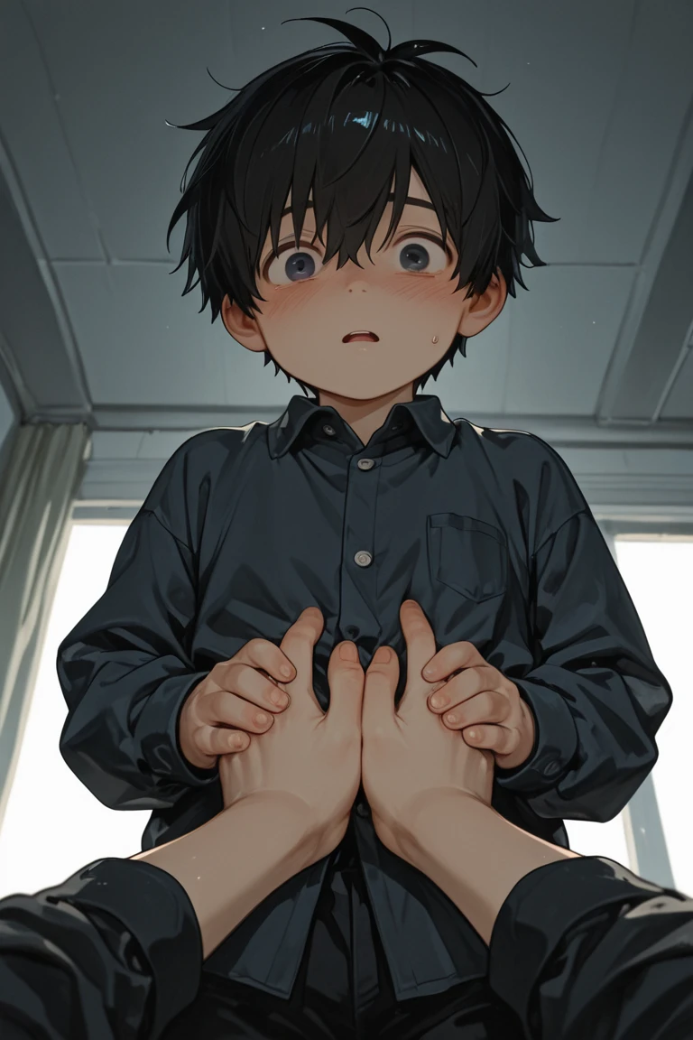 Two pretty anime handsome male boys kneeling before the other boy while leaning his hand on the wall sweaty very detailed character High Resolution, Black Hair, From Below, Blush, Heavy Breathing, Smirk, , Anatomically Correct,