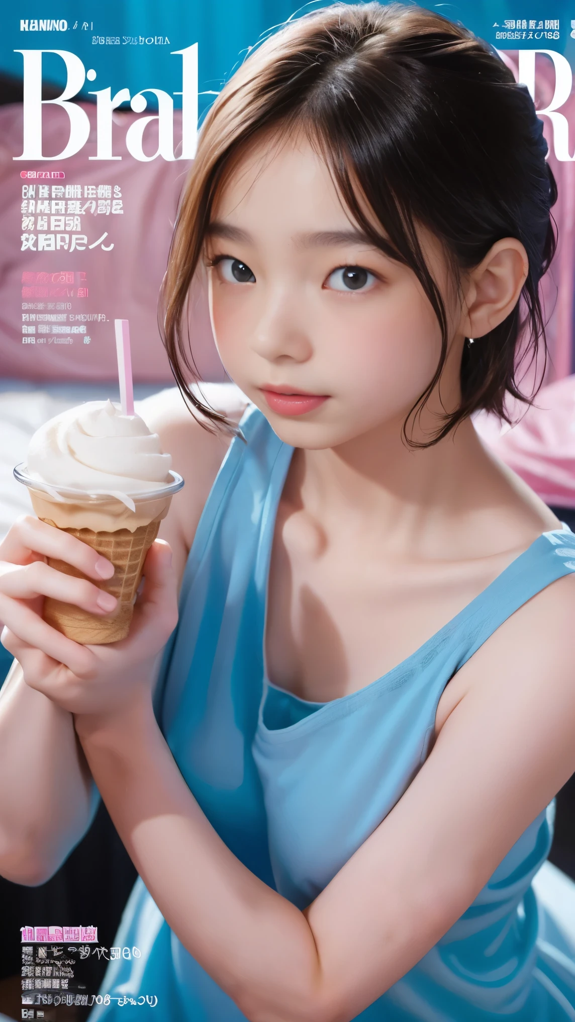 highest quality, girls 、2people, 2peopleで, keen eye to stare at the viewer , Playing with the camera, attractive poses that aren't cats , is anatomically accurate , beautiful faces, perfect face, 非常に詳細で beautiful facesと目, attractive face on back , Detailed Color , graceful face with arms, detail skin with pink lighting and satin bedding, Huge Chest, Thigh thickness , shiny skin , adipose muscle , Lashes , Cute Smiles, naughty face , is embarrassed, Simple Background , Shy, Comfortable Look Break Rating _ blatant, Single Focus , random hairstyle 、 fashion magazine cover 、(sweat、大量のsweat、Full body expression :2)、 tank top、 lick soft serve ice cream、 tongue with your hand、