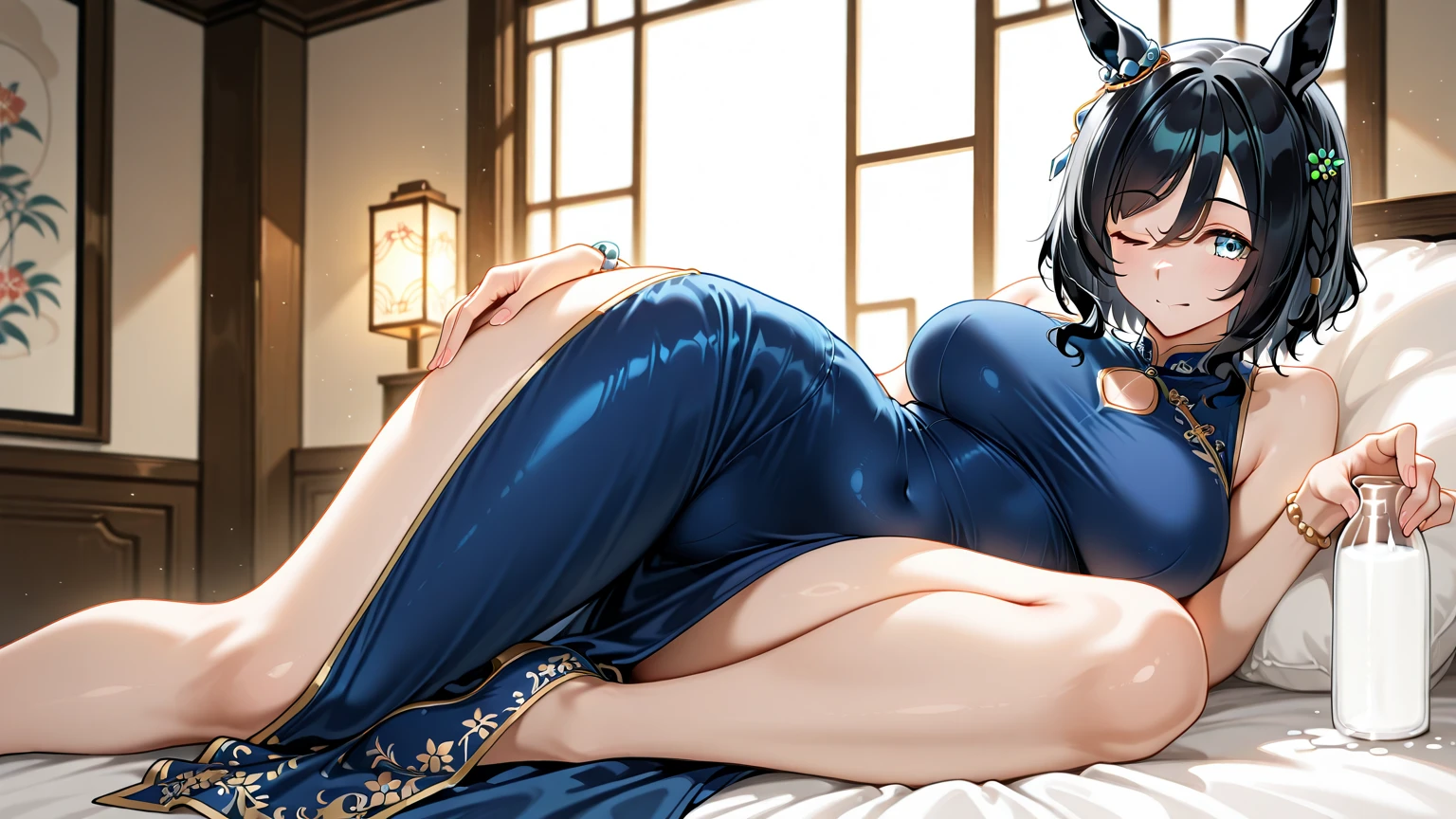 masterpiece, the best, 1 female, Blue cheongsam, Mature woman, Full body image, Antique Chinese style, Black Hair, Shoulder,Medium breasts, Smile, White pantyhose lace, White lingerie, Light pink lips, Embroidered costumes,Lying in bed