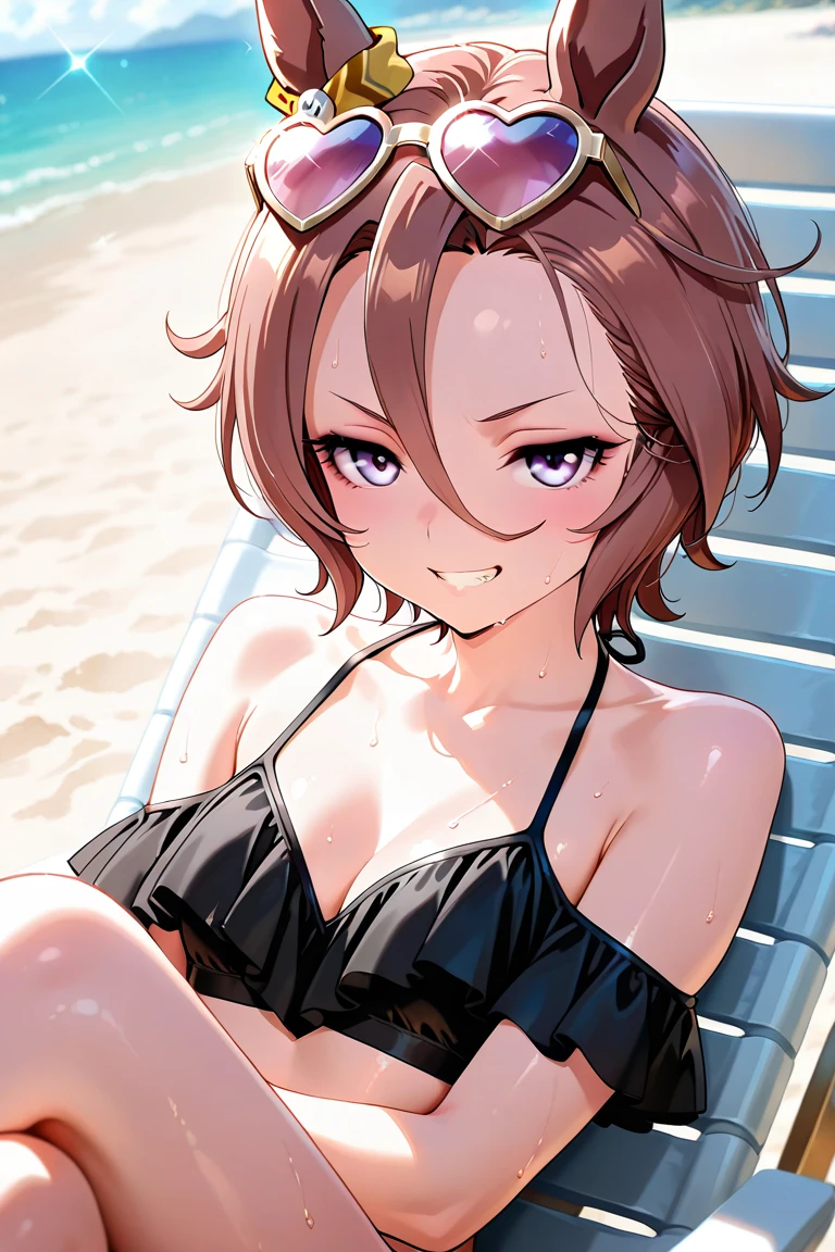 masterpiece,best quality,1girl,breasts,smile,short hair,brown hair,light brown hair,purple eyes,hair over one eye,breast,one strand hair presentingpanties,panties, holding,holding panties