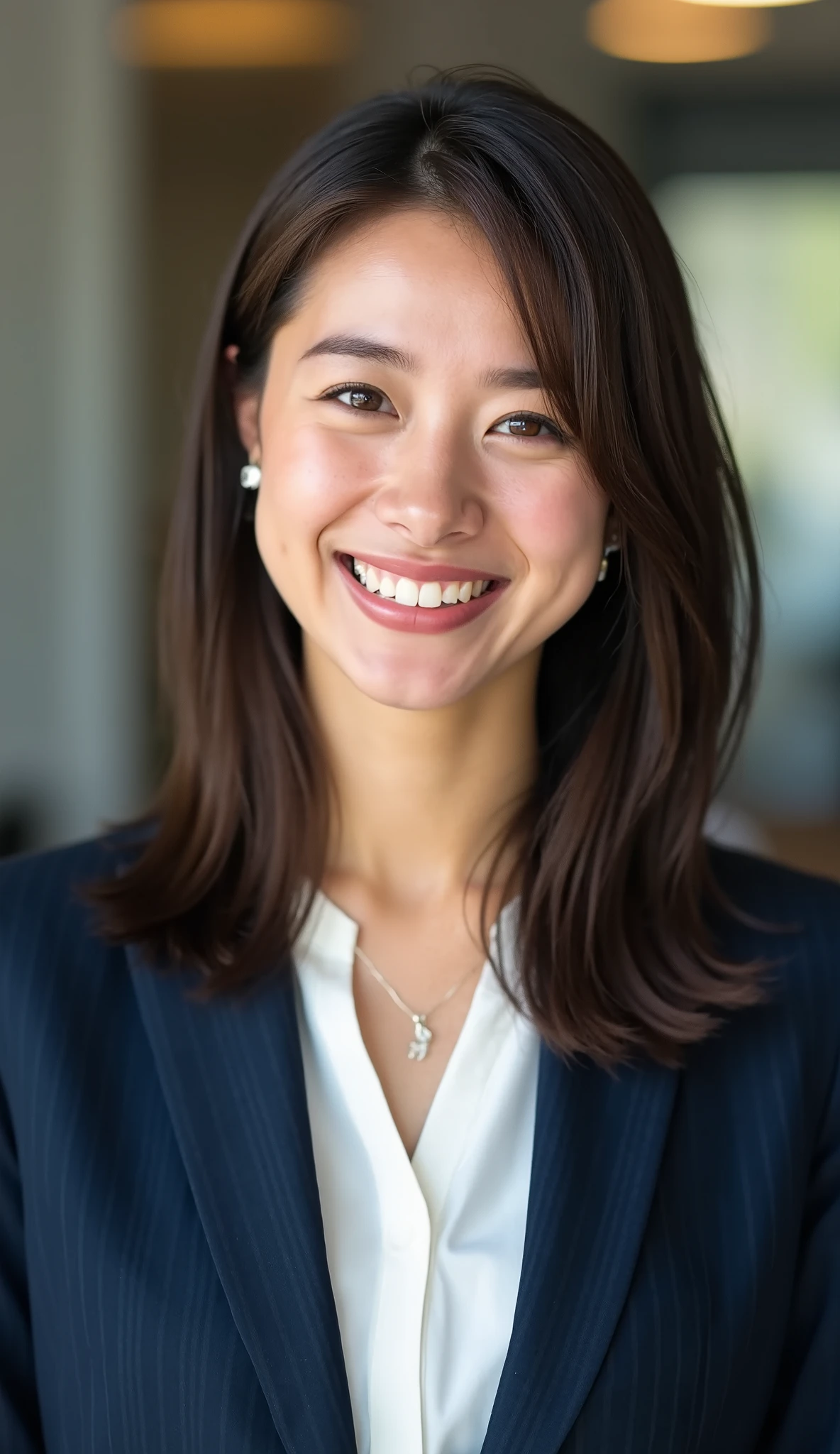 Neat Young Woman、and look at the camera、office lady suit、jacket、shirt、ネックレス、、ear piercing、、smile showing teeth、顔のクローズアップ、背景はオフィス
