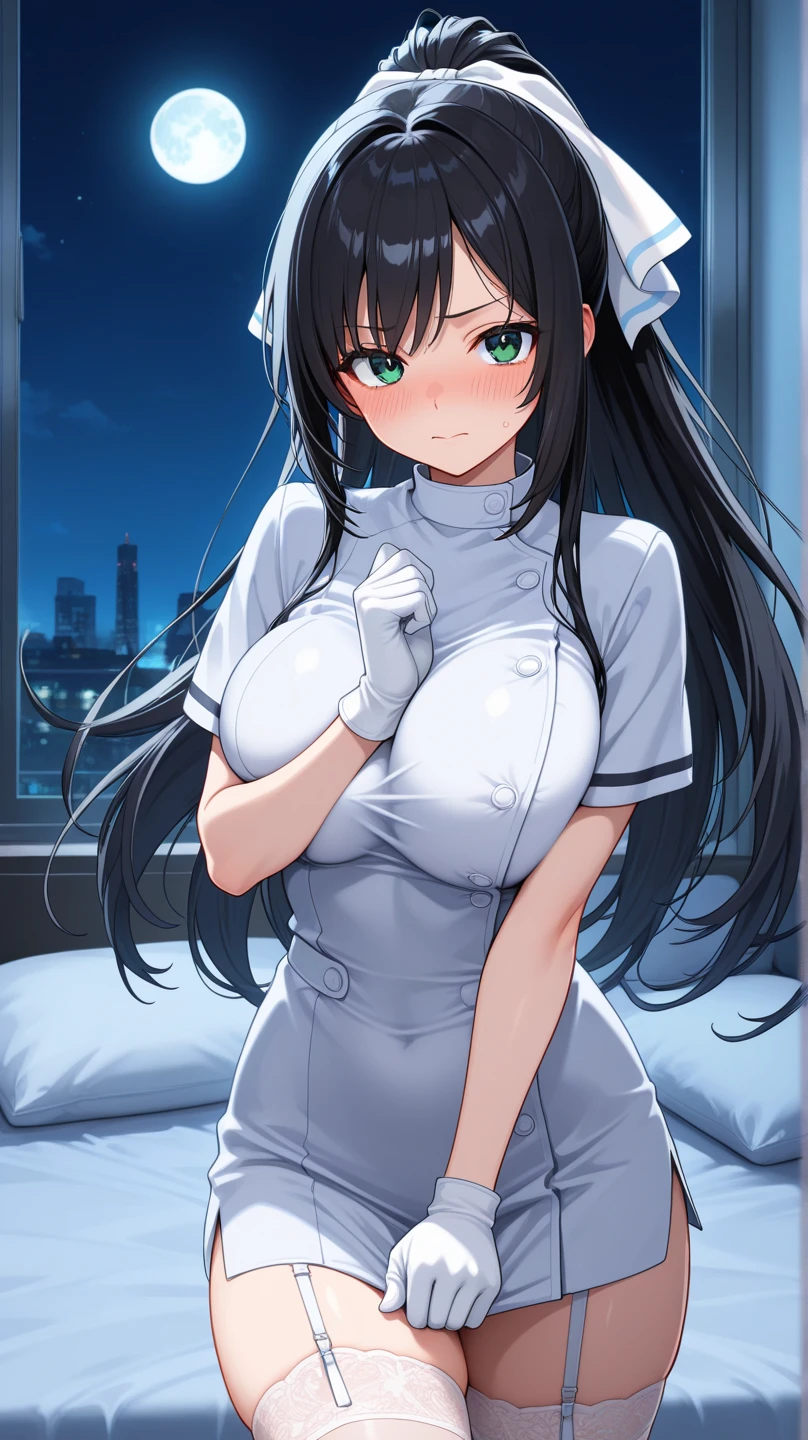 1 female character ;  Akeno Himejima (they are female protagonists of High School DxD), Highly detailed, (cowboy photo: 1.2), (Beautiful and detailed description of eyes), (beautiful and detailed face), perfect female body, cool figure, slim waist, (young), (20 years old), long hair, very big eyes, big breasts with gigantic cleavage, Colossal、blushing, shy, watery lips, dressed as a nurse, (Transparent nurse dresses), nurse hat, unbuttoned, (white gloves: 1.2), (white tights), high heels, necklace, earrings, indoors, school nurse, hospital bed, window, white curtains, sunlight, crouching, (best quality), (ultradetailed), (desktop), (high resolution), (original), (extremely detailed CG Unity 8K wallpapers).

