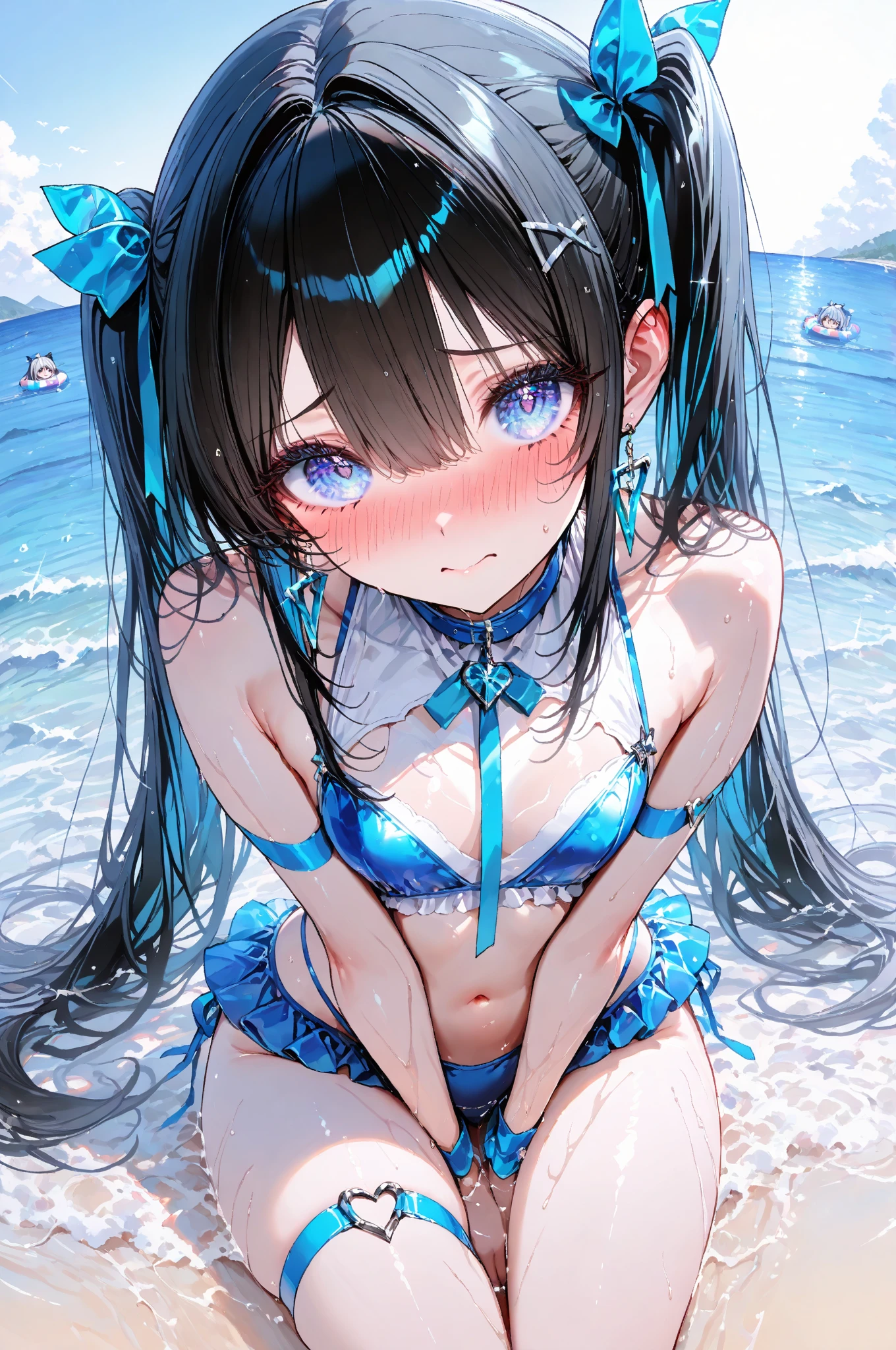 1girl, serika \(blue archive\), halo, solo, black_bikini, twintails, frilled_bikini, off-shoulder_bikini, animal_ear_fluff, fang, hair_ribbon, open_mouth, collarbone, navel, day, sea, ocean, water, waves, surfing, yellow surfboard, happy,
(((masterpiece))), (((best quality))), 8k, (((ultra-detailed))), illustration, nice details