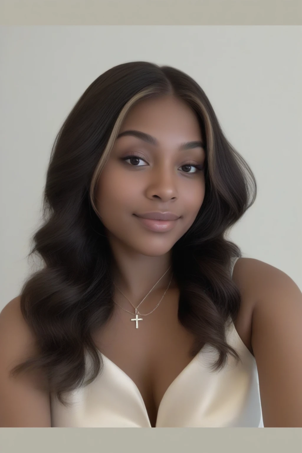 "Selfie of an African American woman with long, wavy blonde hair. She is wearing an elegant sleeveless red dress. Her makeup is flawless, highlighting her eyes with long eyelashes and luminous skin. The background shows a modern interior with minimalist decor, including a coffee table with a vase of white flowers. The photo is very realistic, capturing the details of her face, her hairstyle, and the mood of the room."Selfie of an African American woman with long, wavy blonde hair. She is wearing an elegant sleeveless red dress. Her makeup is flawless, highlighting her eyes with long eyelashes and luminous skin. The background shows a modern interior with minimalist decor, including a coffee table with a vase of white flowers. The photo is very realistic, capturing the details of her face, her hairstyle, and the mood of the room.