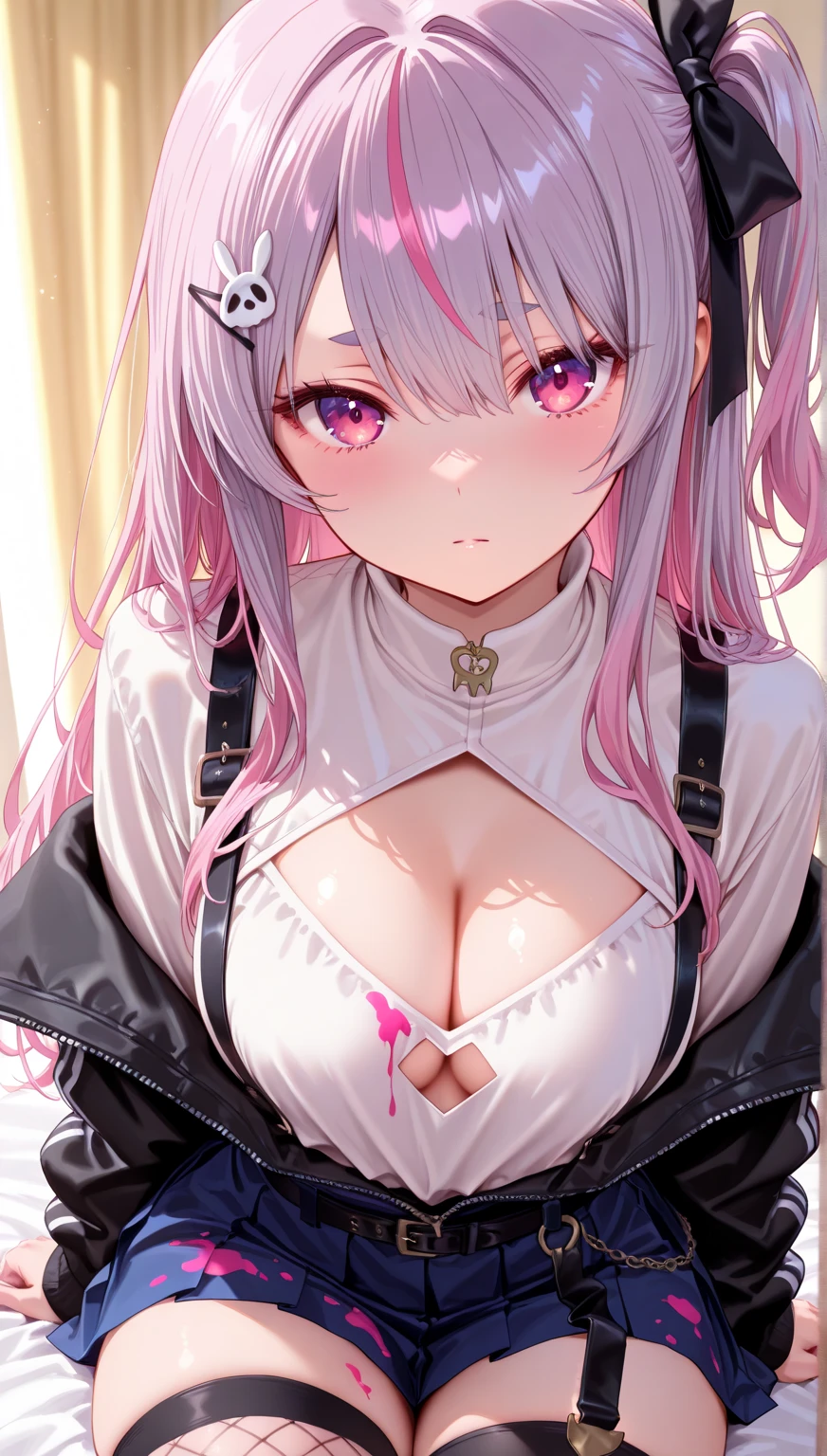 Jibril, upper body, blushed, perfect anatomy, detailed eyes, detailed lips, extremely detailed eyes and face, vivid colors, sharp focus, masterpiece:1.2, ultra-detailed, blushed, ((((cum on face, having sex)))), ((doggystyle)), (solo), ((black dress)), sleeveless, dominant, red eyes, holding a heart, blood, (ponytail), (prison)