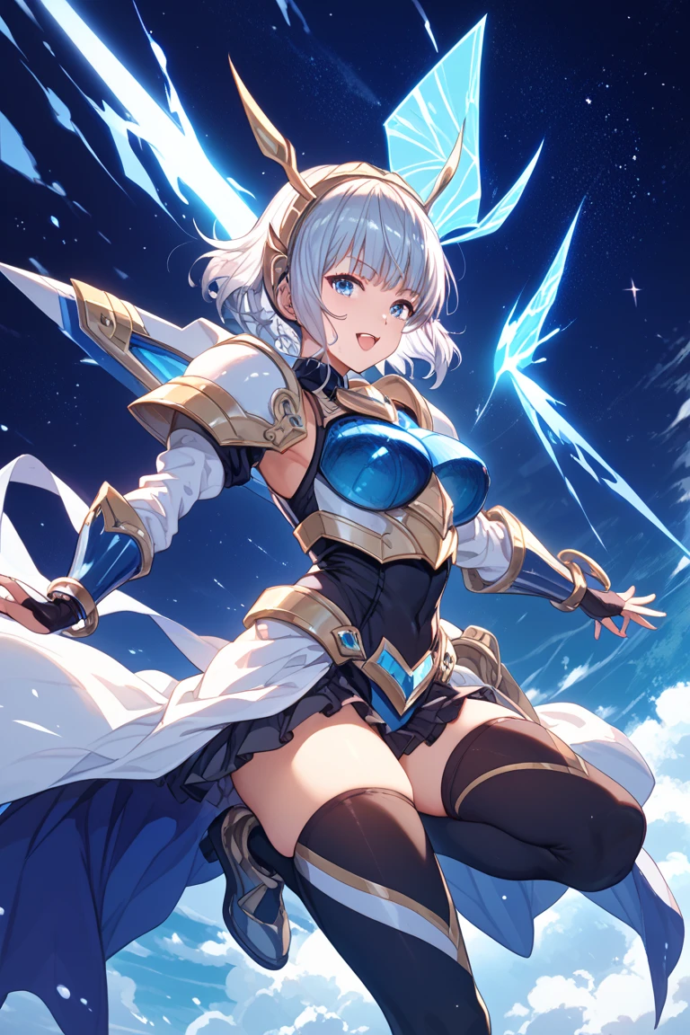 fantasy, 1devil_girl, low_teen, platina_blond_hair,long_bangs,, bare_shoulder, navel out, thighhighs,silver_armor, white_clothes,waist_armor, Glebe, hold_swords, large_breasts, dynamic_flying_pose,Floating,(pelvic_curtain:1.3), silver_Headgear ,looking_down_at_sunrise_city_sky_background,,slightly_spread_legs, some_swords,some_swords_floating_around_the_girl,solo,horn ,smile,,open_legs,open_arms,rise_knee,rise_leg,rise_thigh,rise_leg,forward_leaning_posture,apart_legs,fang,Shiny_gold_eyes