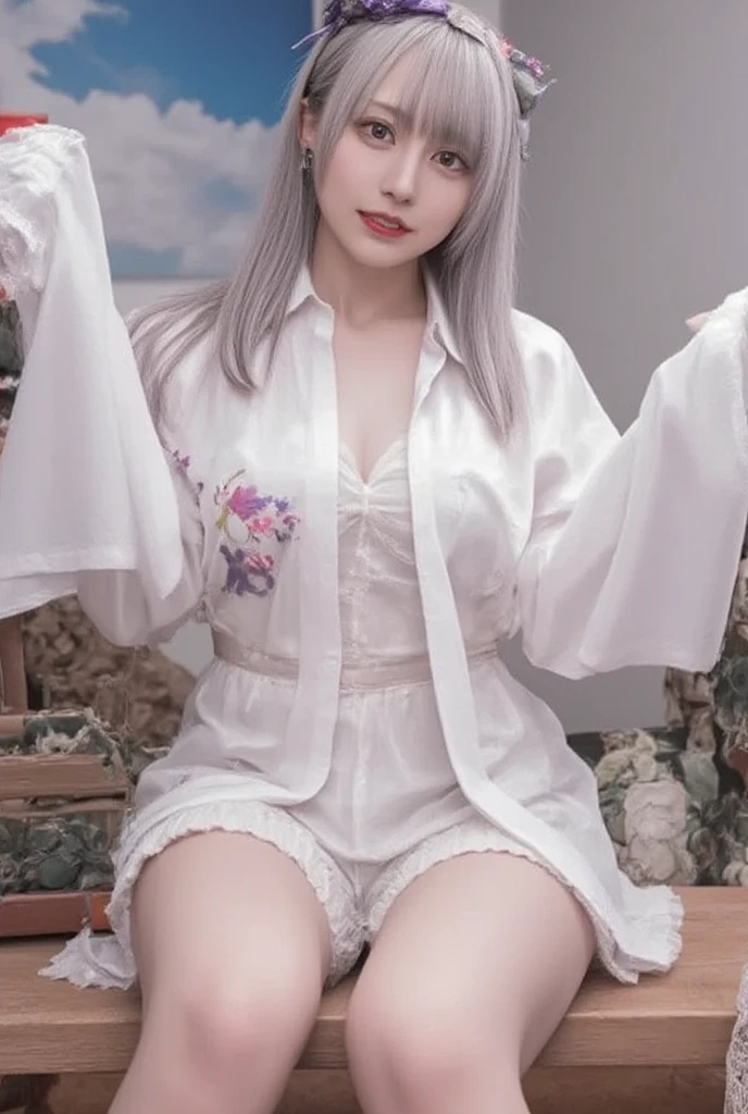 (hyperrealistic), (illustration), (high resolution), (8K), (extremely detailed), (best illustration), (beautiful detailed eyes), (best quality), (ultra-detailed), (masterpiece), ( wallpaper), (detailed face), solo, 1 girl, white wavy hair, korean, heterochromic eyes, small moles under the eyes, loose white shirt, yoga pants, big breasts, long legs, tight abs, camel toes, dynamic pose  