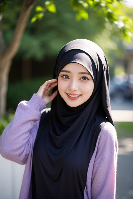 ((best quality)), ((masterpiece)), perfect face, sits in cafe, indonesia, hijab, sharp nose, smile