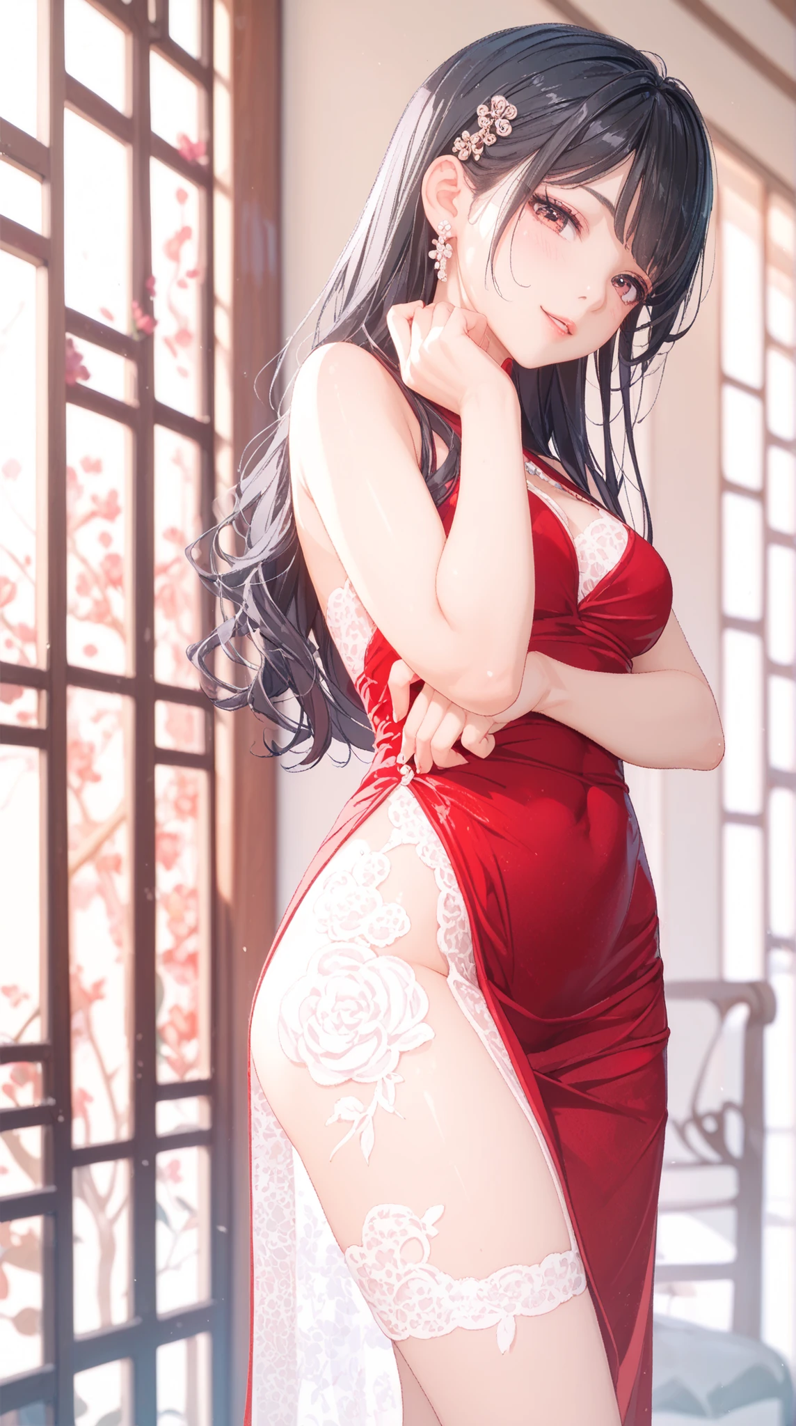Beautiful Asian Woman、Wear a tight Chinese dress、 A slim figure、Lace Up Details、Sensual Poses、Long Black Hair、glossy skin、Crimson Dress、Oriental Decor、soft lighting