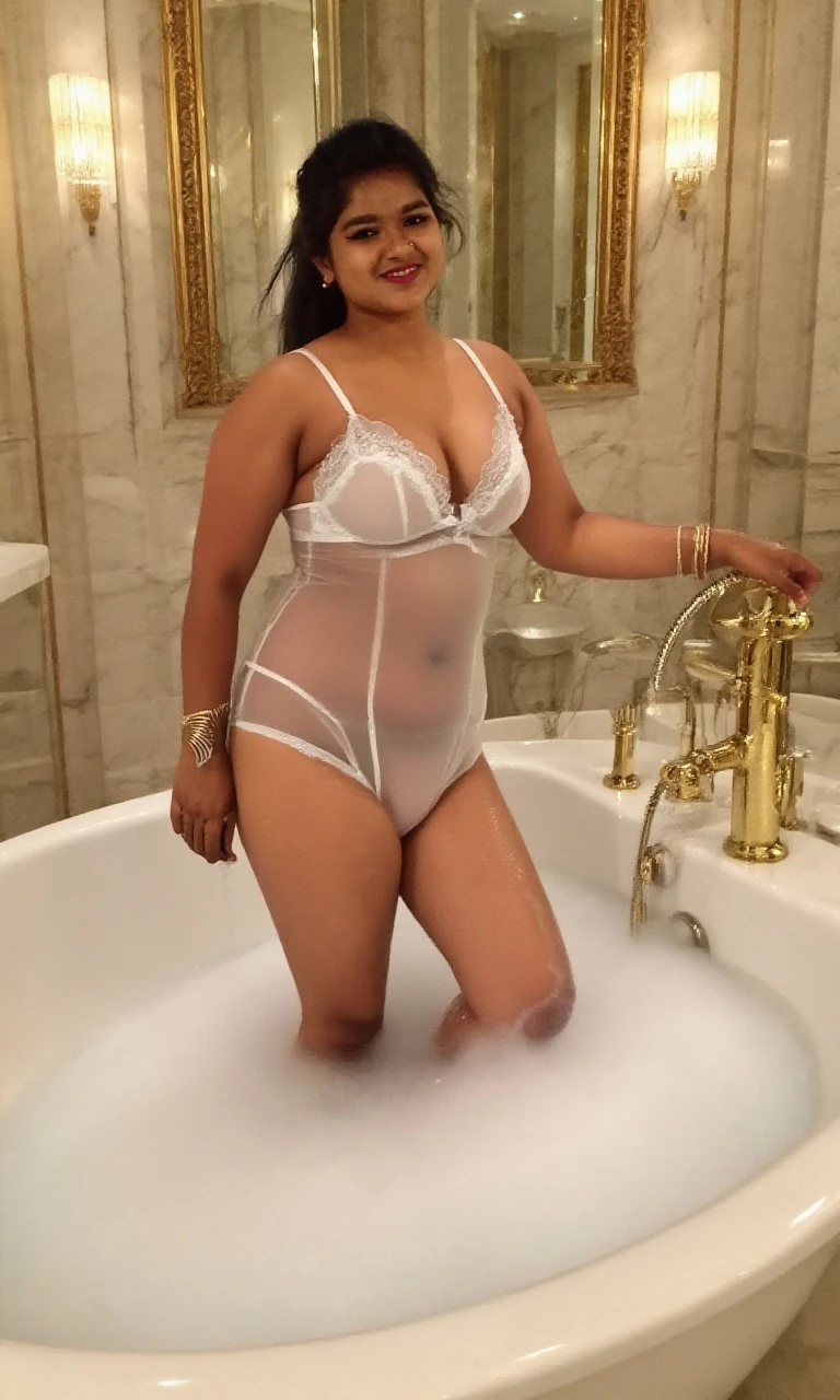 A married beautiful indian lady,plus size,milk white skin,curly dark hair,rose in her her body is wet,she is lying on a royal bath tub,her hands upward seductively,wearing a xcream colour short blouse and cream colou r short petticoat,her deep navel is exposed,background in a royal rich bathroom,blissful and seductive environment