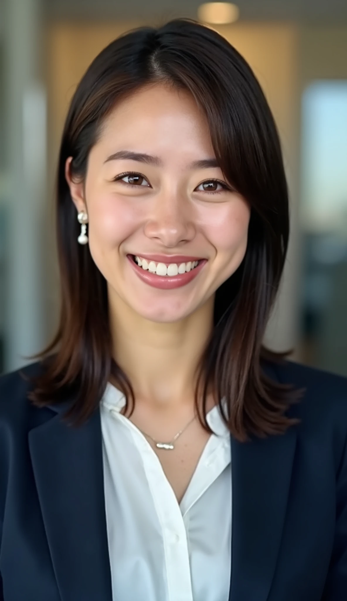 Neat Young Woman、and look at the camera、office lady suit、jacket、shirt、ネックレス、、ear piercing、、smile showing teeth、顔のクローズアップ、背景はオフィス
