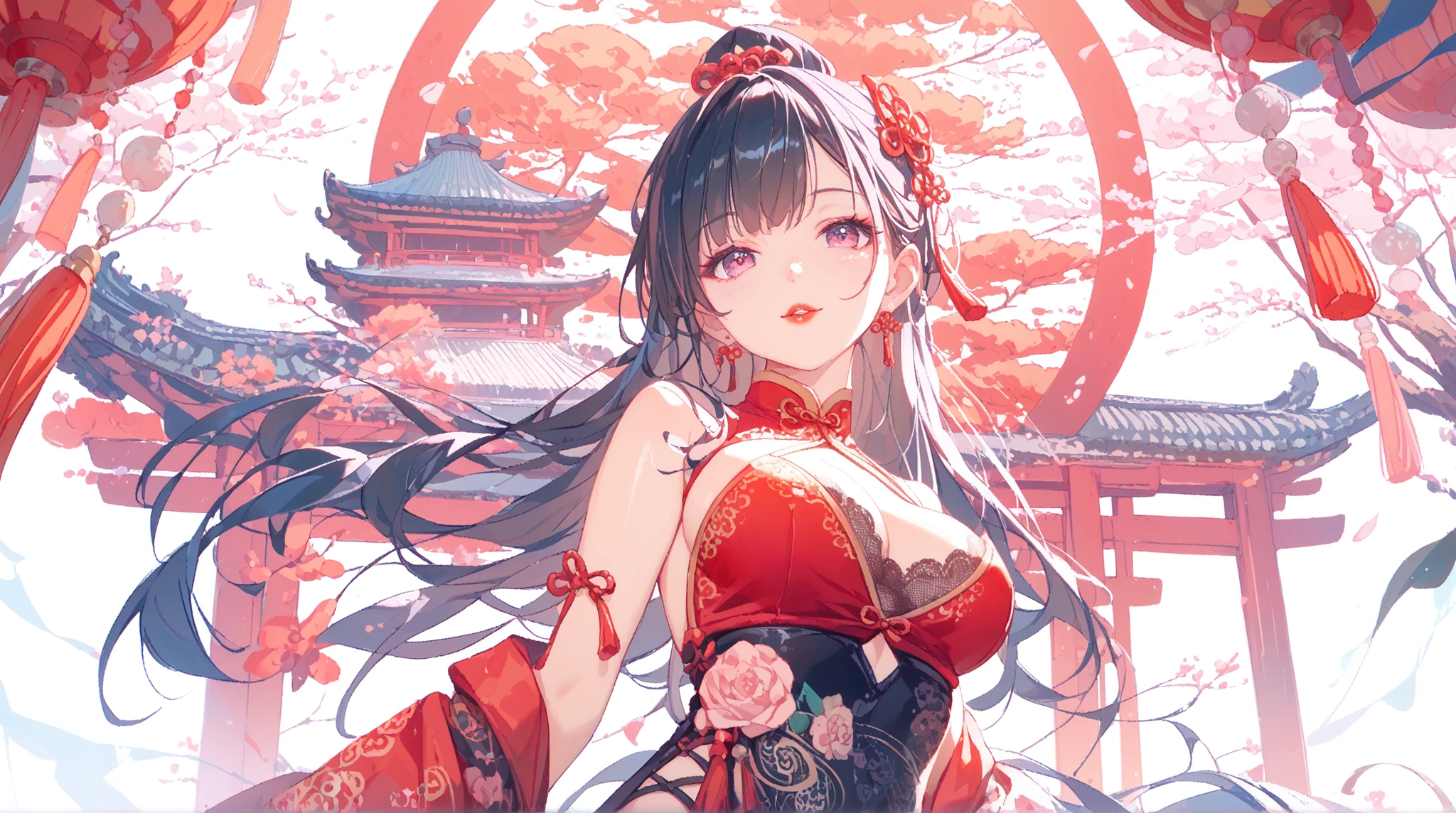 woman in a Chinese dress、slim silhouette、Back Lace、Sexy Slits、Shiny Fabric、Elegant posture、plump breasts、Long Eyes、red lips、Classical Chinese Architecture Background