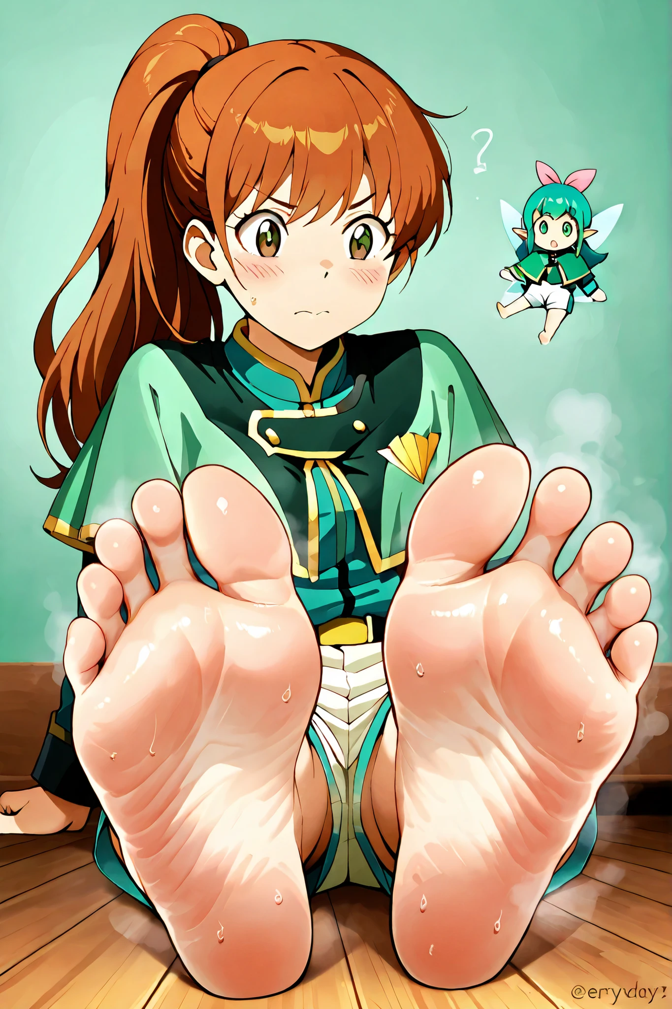 senauniform , green eyes, very cute fairy woman in white shorts creating a document, green capelet,,brown eyes, long hair, ponytail, relaxing with the soles of the feet facing forward、Flexible pose、Bold Configuration、Highest Quality、Close-up of legs、sole texture, anime style character。Smelly Sweaty Feet 。Comedic and bright、The painting style is an everyday anime style。She is sitting on the wooden floor、and stretching my legs forward, showing the soles of her bare feet from a low angle. Shy and confused expression, my cheeks are slightly red , Looking away and looking nervous, Slightly frowning eyebrows, Expression of putting up with a pose, sweaty feet , smelly feet, Open your toes