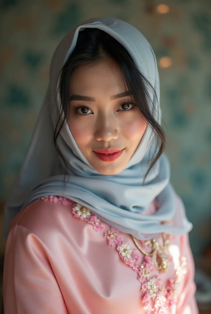 Cute Arabian girl in hijab wearing patung dress with seducing pose, big smile, laughing, happy, big front teeth, bustling nighttime city, wearing hijab, bright golden color hijab, beauty skin, , erected detailed, dark hairy , thick thighs bright lighting, big round , cute face, slim abs, 35mm lens, Extreme close-up, pastel color grading, depth of field cinematography effect, romantic film genre, 8k resolution, high quality, ultra detail,