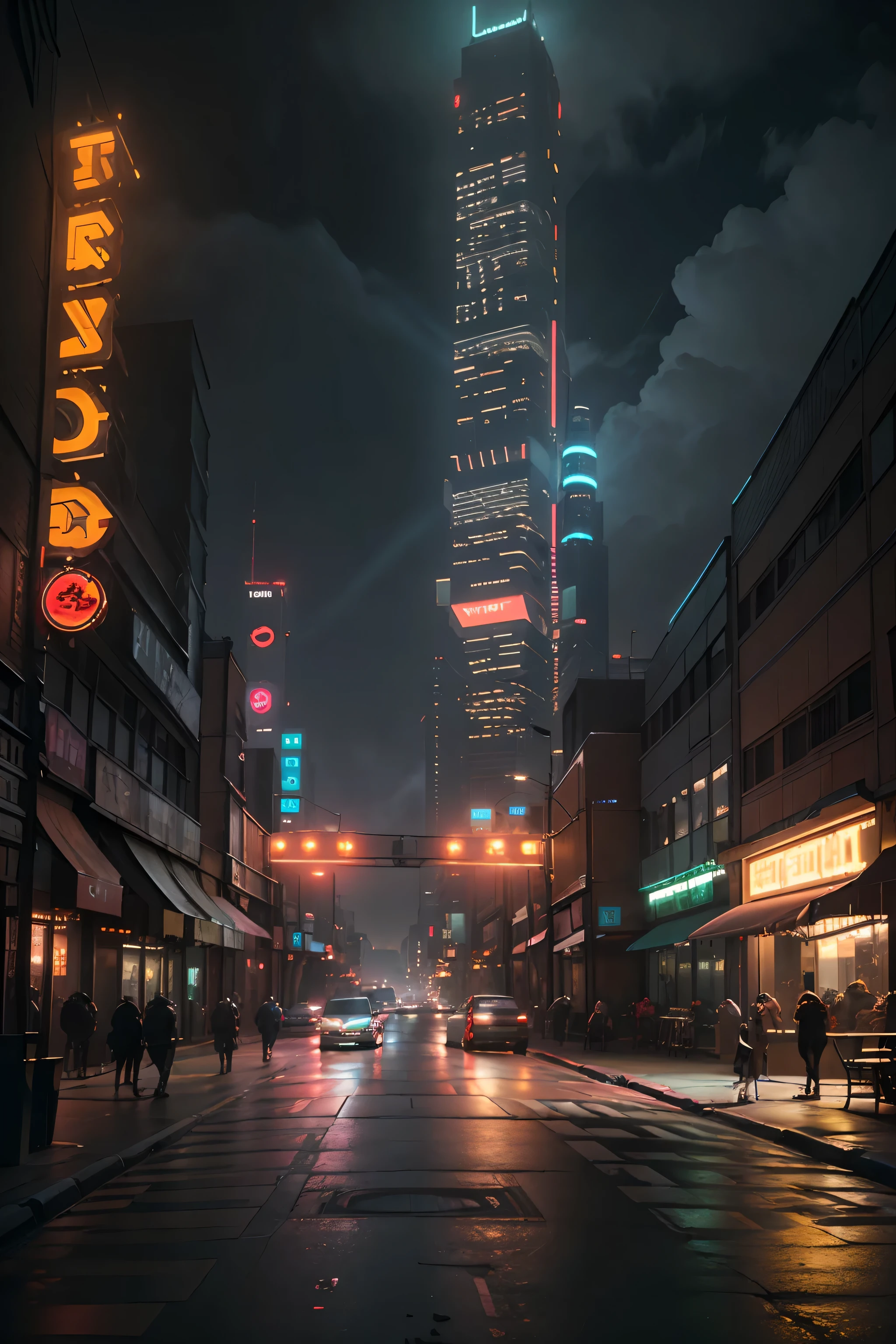 Cyberpunk, Blade Runner city, street scene with tall skyscrapers, ((glowing neon signs)) and LED lights, Traffic with (futuristic cyberpunk cars) and flying cars in the sky, bright colors, contrasting with the dark atmosphere, (cinematic lighting), backpack extremely detailed.
