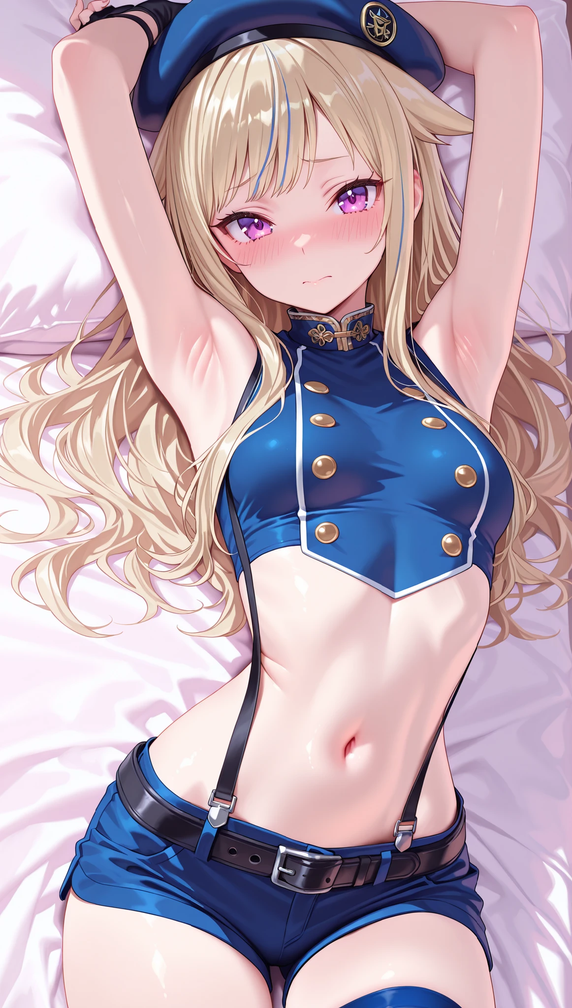 1girl, Arisa ichigaya, x hair ornament, blonde twintails, one piece lingerie, busty, bra, sexy body, lying on bed, thighs, crotch, (blushing:1.4), (breath:1.4), pov, (from above view)