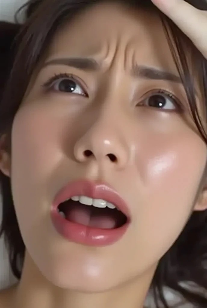 beautiful japanese actress,Realism, Surrealism, depth of field, UHD, retina, anatomically correct, textured skin, highres, best quality, super detail, 8k, I opened my mouth and opened my eyes.,35 years old、black haired、very small toilet,,tied up hair,,,medium shot,moaning, saliva trail, rolling eyes, ((furrowed brow, crazy eyes,))