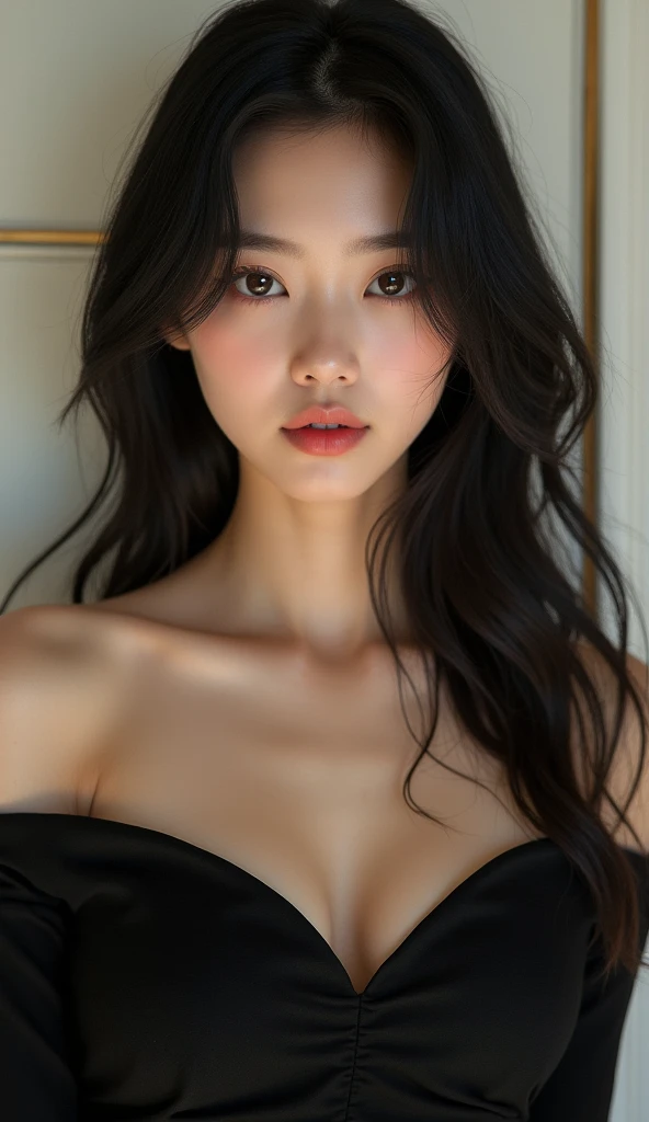 Best quality, masterpiece, ultra high res, (photorealistic:1.5), raw photo, 1girl, offshoulder, in the dark, deep shadow, low key, cold light, sexy look, short hair