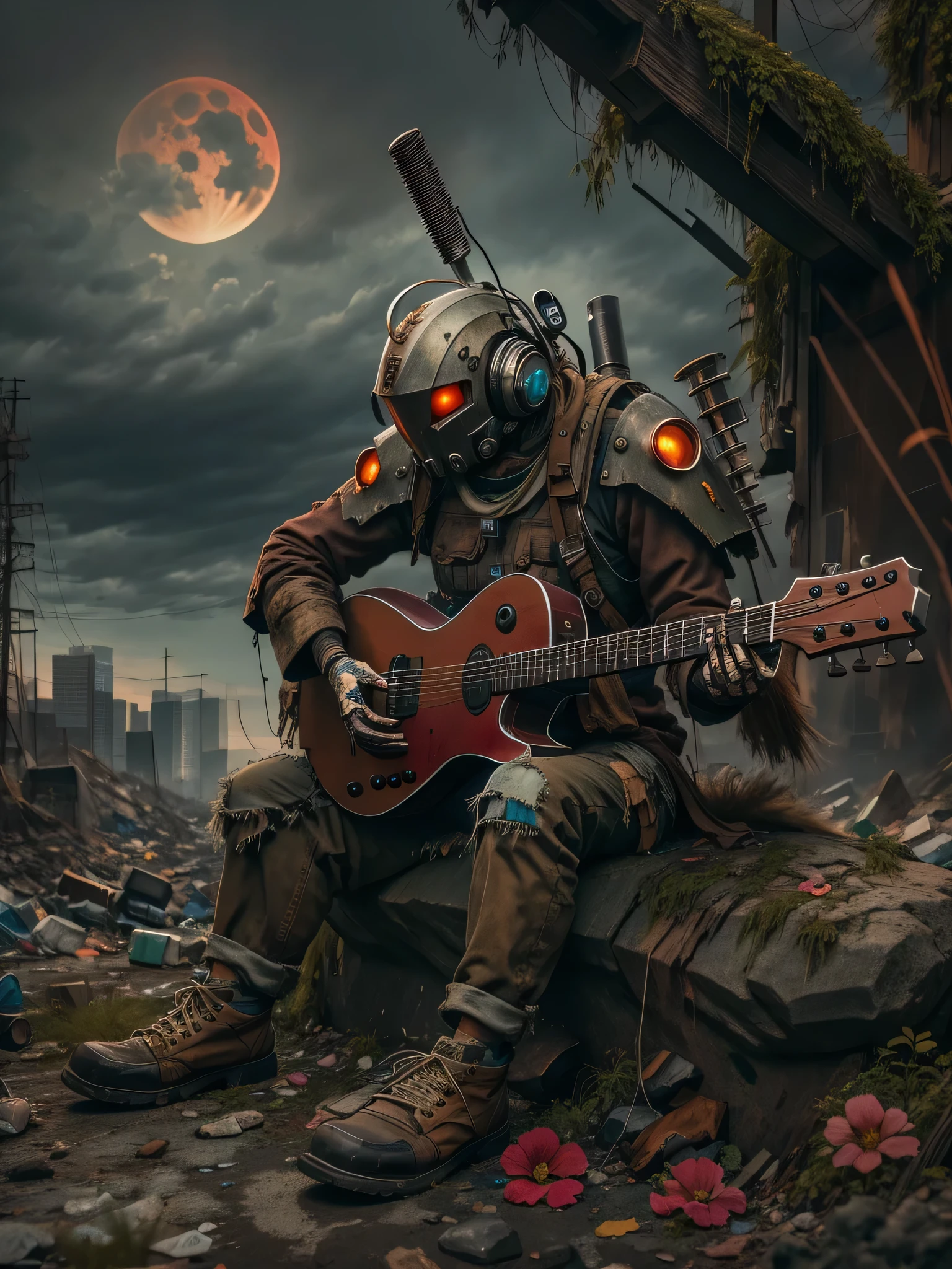 wasteland,(A very poor old mech sitting on a rock playing guitar:1.3),(the guitar player),(Sitting:1.2),rust,Wearing tattered armor,The skyline in the distance,Gothic,moss,(A small white flower),(Cemetery),Gothic教堂,(Blood red moon),Gothic元素,wildfires,cold,gloomy