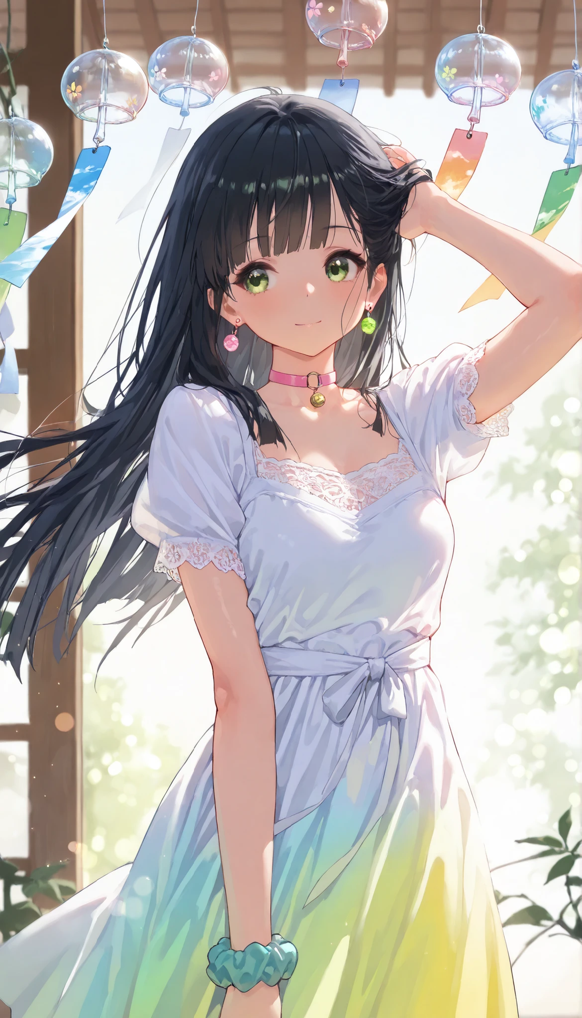 (Best Quality, super detailed, masterpiece, 8k, 16k, Wallpaper, Anatomically correct, fine detailed skin, fine detailed eyes, fine detailed hands, Accurate hands), 1 girl, 14 years old, light-smile, long black hair, hime cut, (hair swaying in the wind), looking to the other, ((wind)), floating hair, (((colorful)) one-piece dress), colorful Cotton clothing, short puff sleeves, (Organza lace puff sleeves), flared A-line long skirt, ((scrunchie)), (kawaii choker), kawaii earrings, adjusting hair, BREAK, (wind chime), (many wind chime), soft highlights, light summer colors, soft blurred background with light bokeh, lens focus effect, indoors, (Green leaves flying in the wind), morning, Colorful light particles, detailed background, Depth of Field, bokeh, moya, lens flare, film reflections, soft color, Dreamy atmosphere