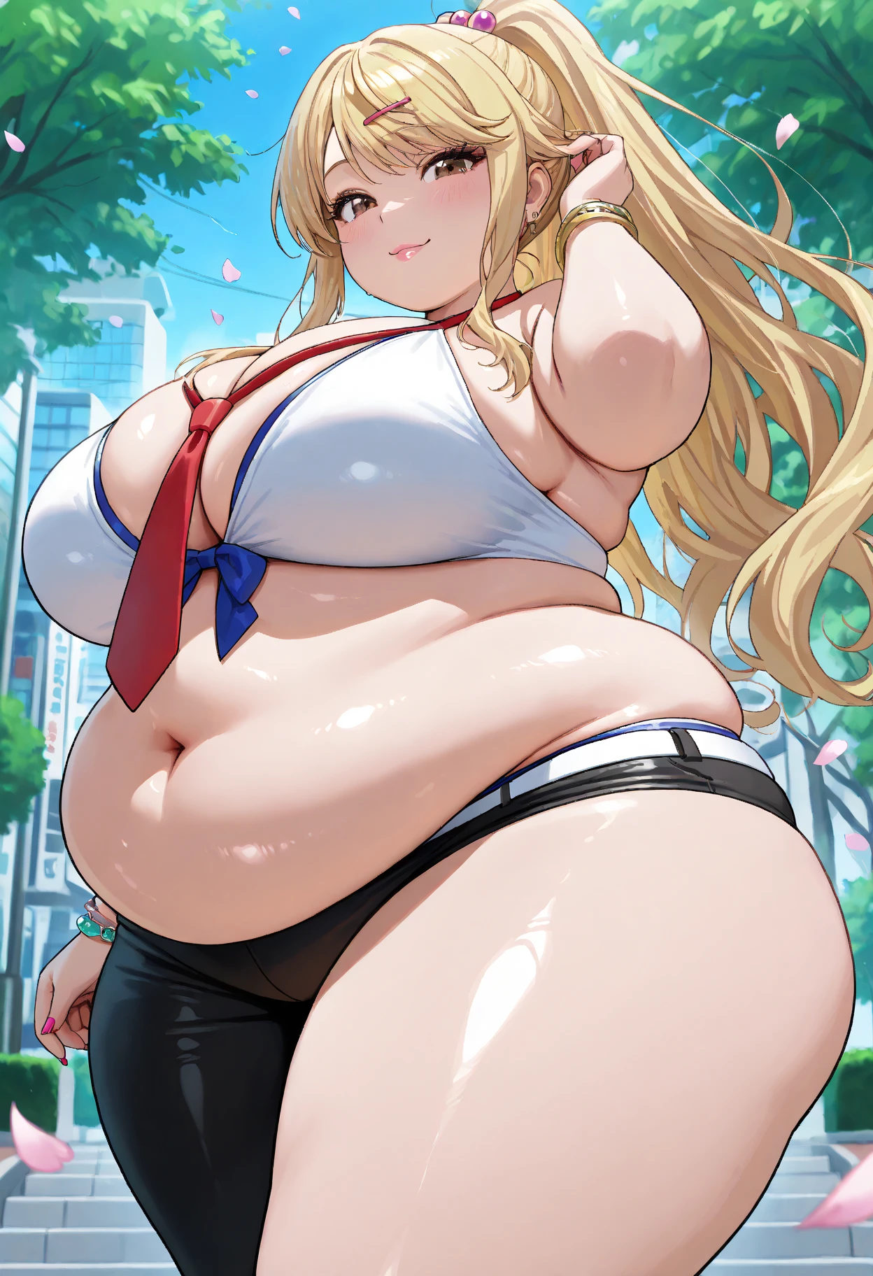 (masterpiece, best quality:1.2), 1girl, solo,mature_lady, delicate face,detail eyes,floating hair,medium breasts, (Tight Combat Suit:1.2),,tsunade_(naruto),Wallpaper Fusion, dappled sunlight, day light rays, nature, outdoors, path, plant, purple flower, scenery, stairs, sunlight, torii, tree, lipstick, jewelry, female, extremely obese, angry, (obese belly):1.8, (obese legs):1.5, fat rolls, massive SSBBW body, massive soft hyperbelly, soft massive obese belly, cute chubby feminine face, sensual pose, soft obese arms, mesmerizing eyes, gorgeous supermodel face, long hair small navel, frown, looking at viewer, beautiful day, jewelry, blue eyes, earrings, blonde hair full body portrait, parted lips, perfect blue sky with several clouds, 